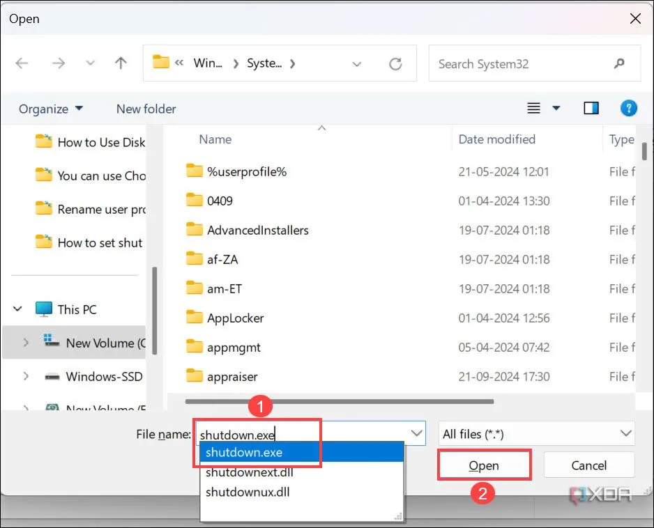 Chọn tập tin shutdown.exe từ thư mục System32 để thực hiện lệnh tắt máy