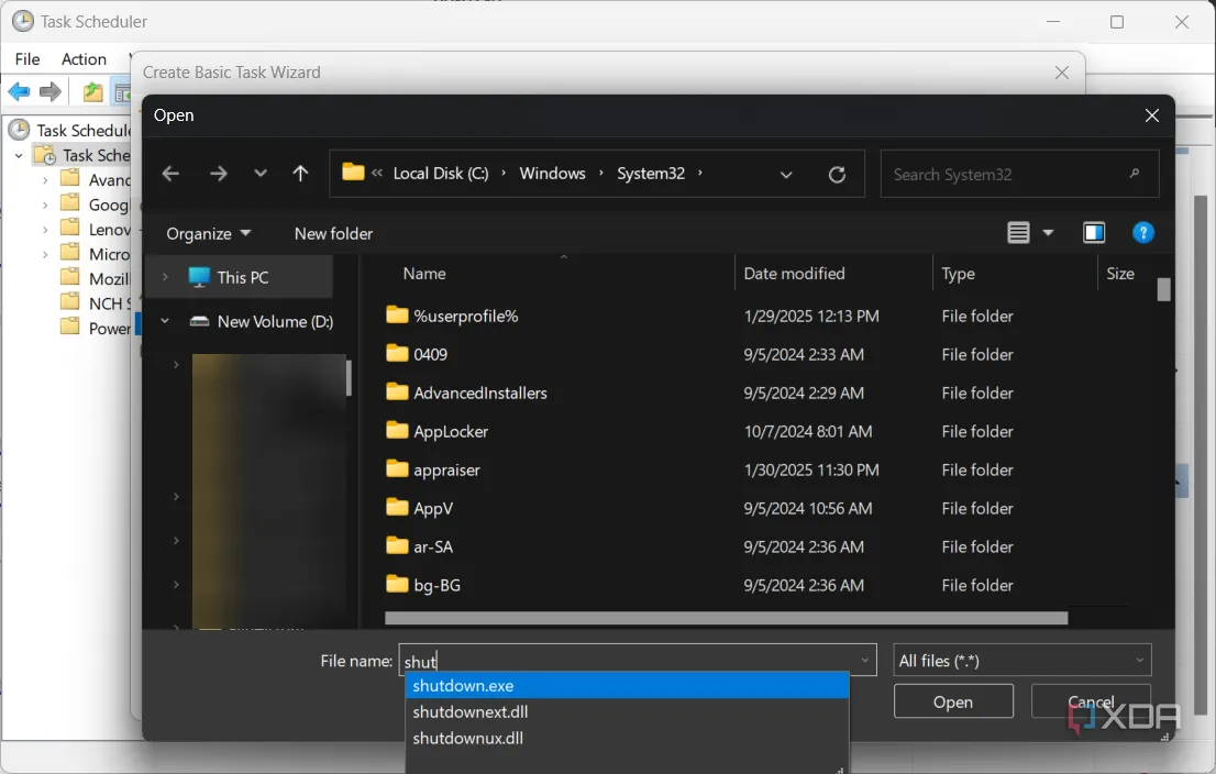 Chọn ứng dụng Shutdown.exe để thực hiện tác vụ tắt máy