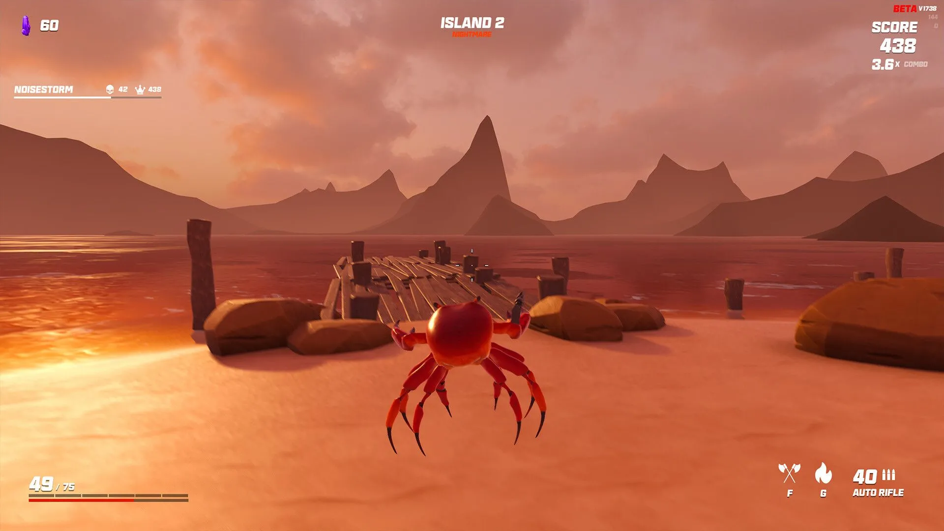 Chú cua bay lượn trên bãi biển trong game Crab Champions, biểu tượng cho sự sáng tạo của game indie