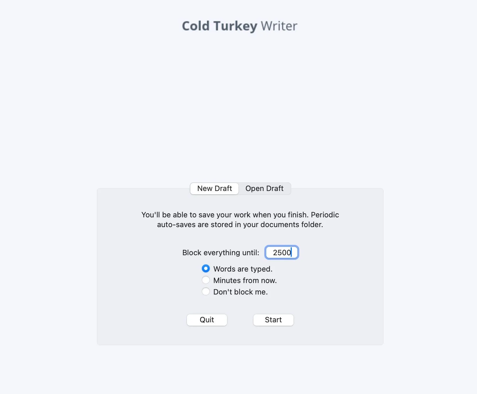 Cold Turkey Writer hiển thị giao diện cài đặt mục tiêu số từ để khóa các ứng dụng khác