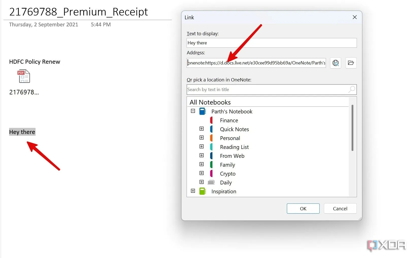 Cửa sổ 'Chèn Siêu liên kết' trong OneNote, cho phép dán liên kết trang đã sao chép