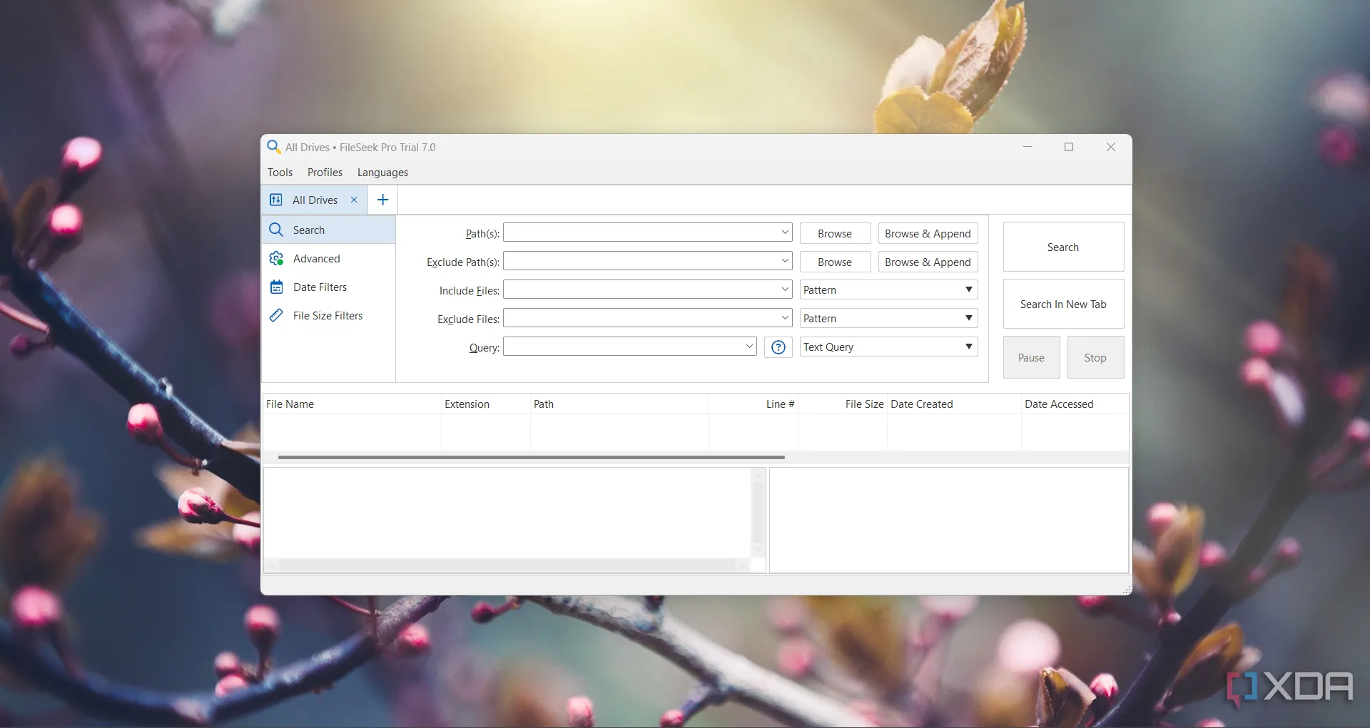 Cửa sổ chính của phần mềm tìm kiếm FileSeek hiển thị các tùy chọn lọc