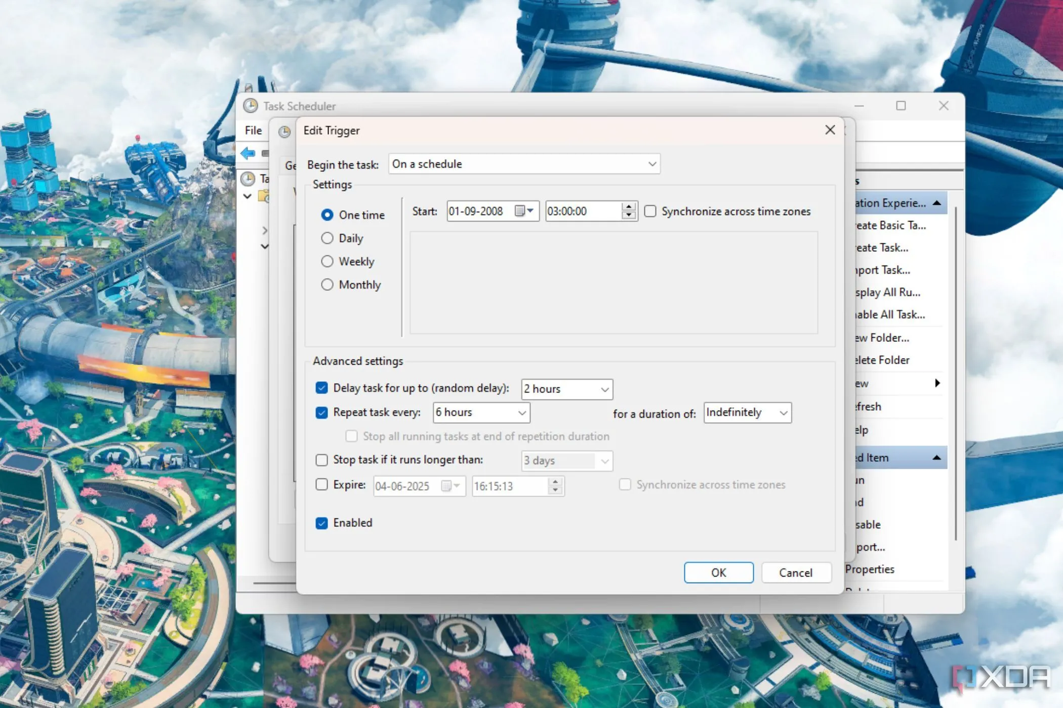 Cửa sổ chỉnh sửa trigger trong Windows Task Scheduler, minh họa cách thiết lập lịch trình cho các tác vụ tự động