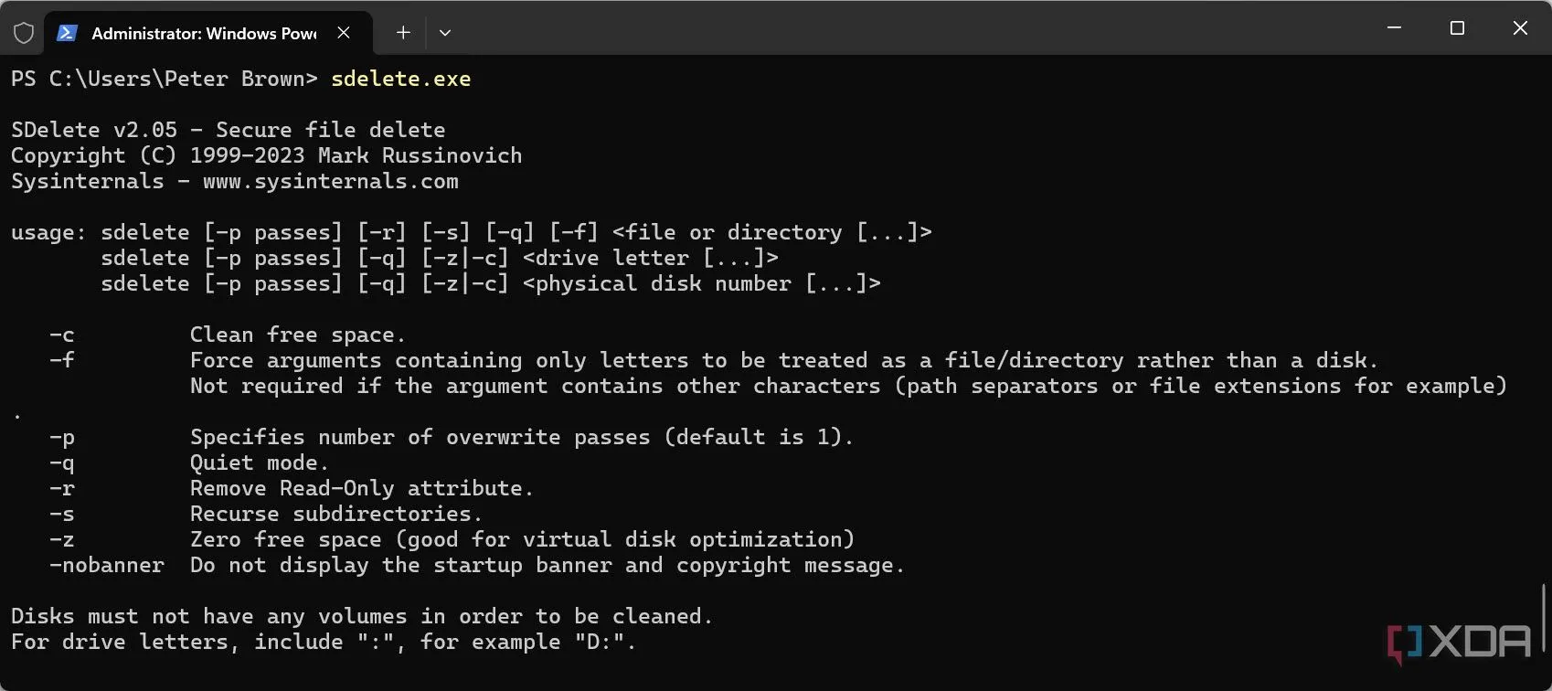 Cửa sổ Command Prompt hiển thị lệnh sdelete để xóa dữ liệu an toàn