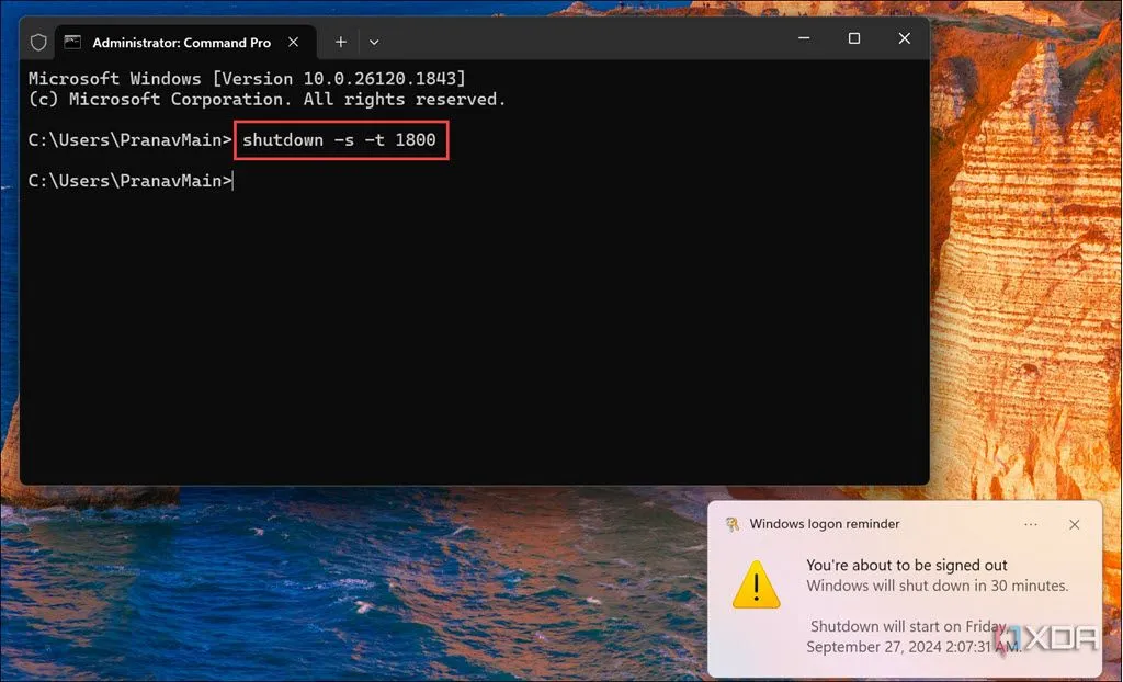 Cửa sổ Command Prompt hiển thị lệnh tắt máy tính bằng shutdown -s -t