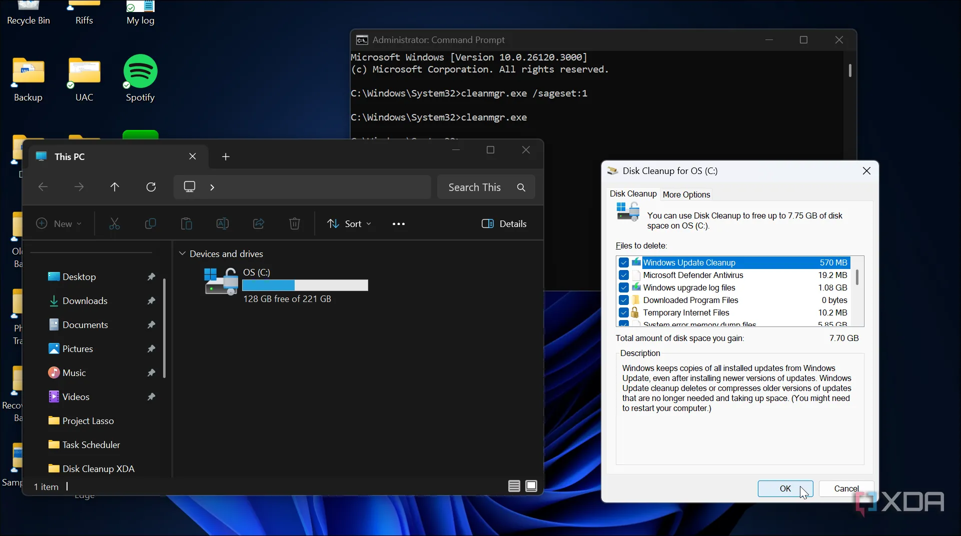 Cửa sổ Disk Cleanup trên Windows 11 được mở từ Command Prompt hiển thị dung lượng ổ đĩa cục bộ