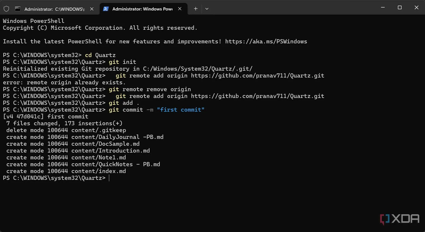 Cửa sổ dòng lệnh hiển thị các lệnh Git để khởi tạo và cấu hình kho lưu trữ GitHub, chuẩn bị cho việc triển khai Quartz.