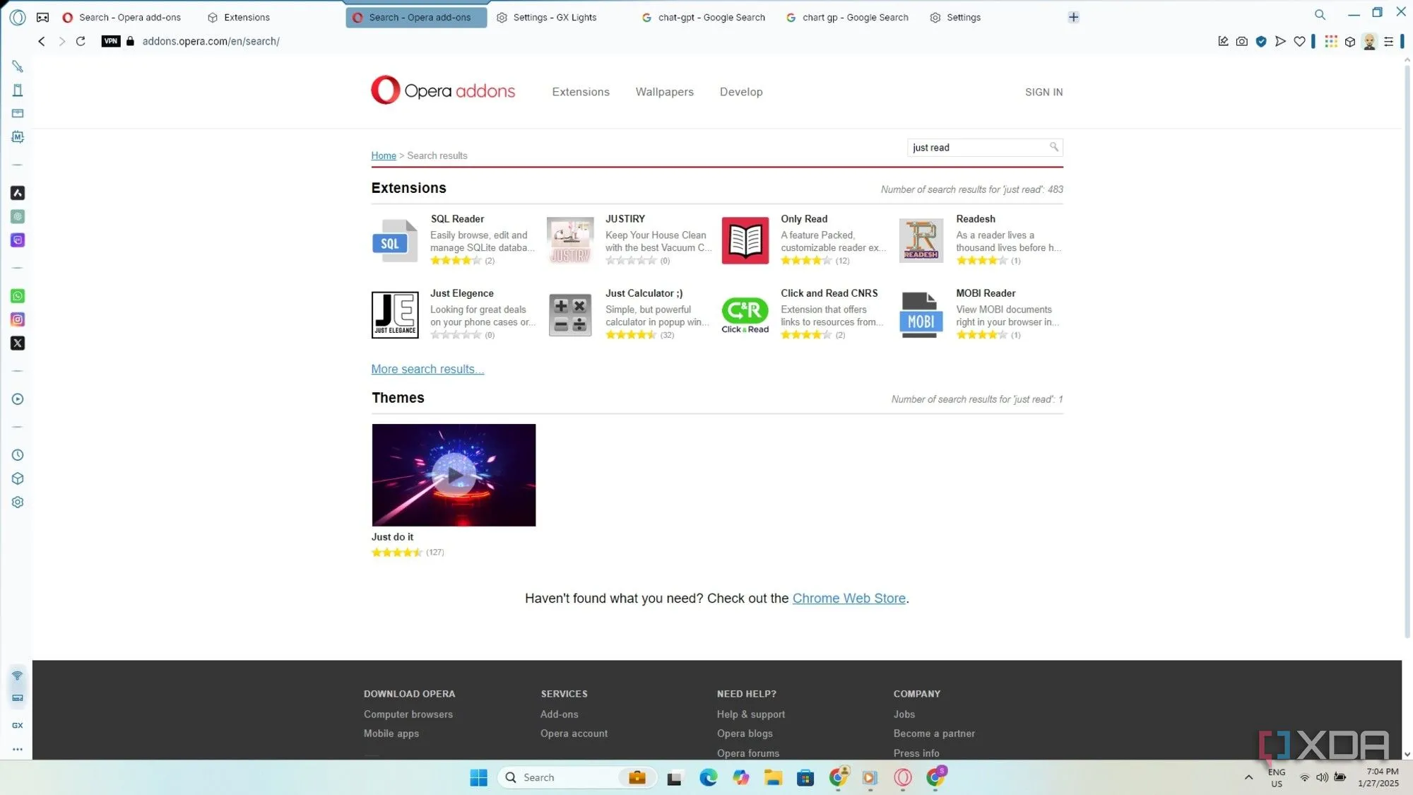 Cửa sổ quản lý tiện ích mở rộng trong Opera GX, cho phép cài đặt từ cả kho của Opera và Chrome.