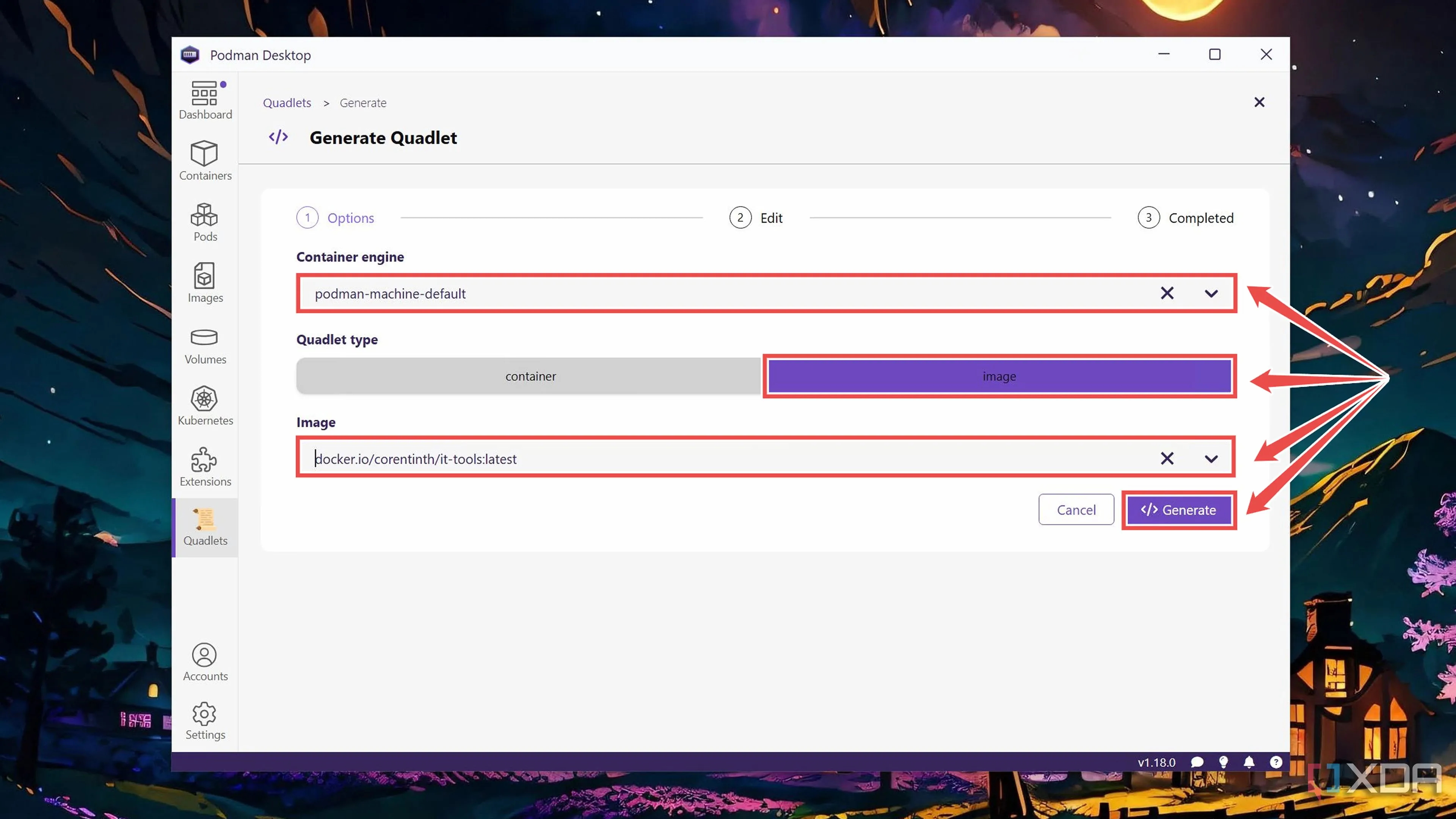 Cửa sổ tùy chọn cài đặt Quadlet, bao gồm chọn Container engine và Image cho container mới
