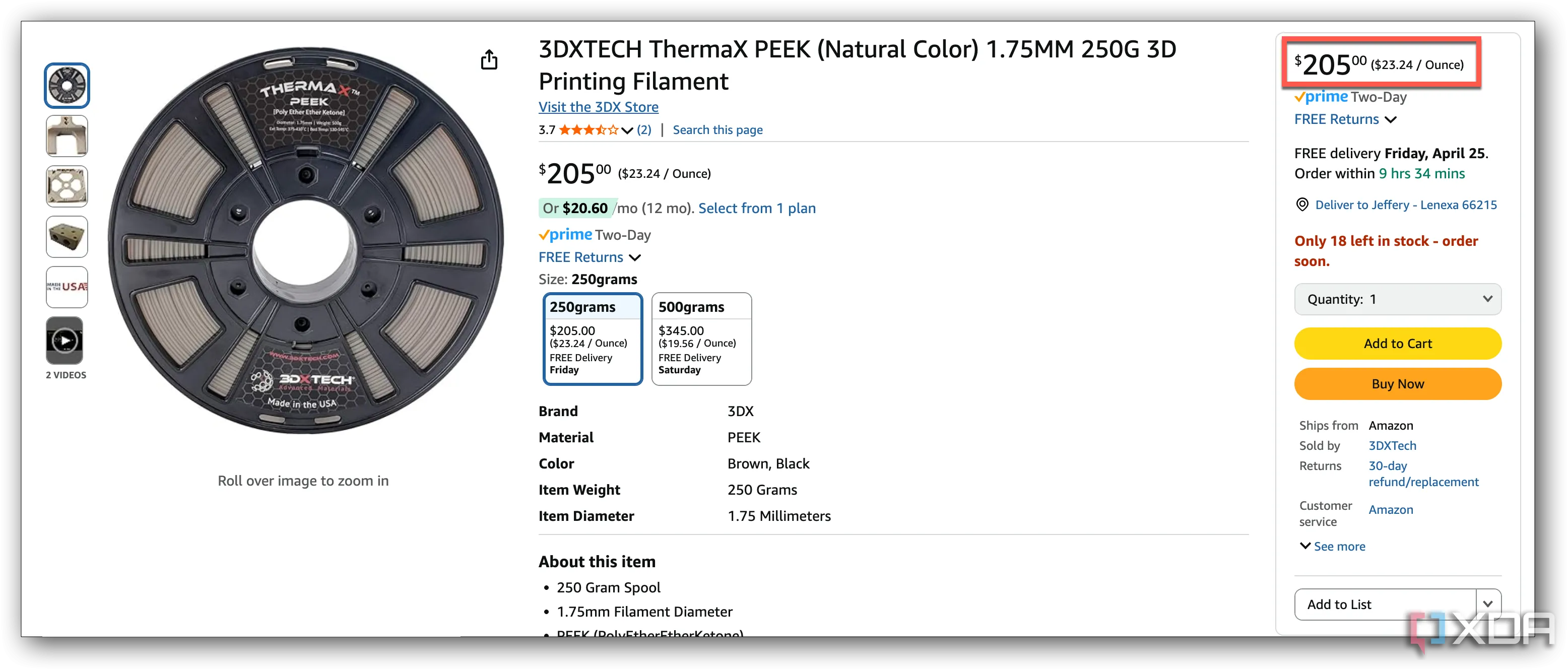 Cuộn filament PEEK được bán trên Amazon, minh họa chi phí cao của vật liệu in 3D nhiệt độ cao cho các ứng dụng công nghiệp