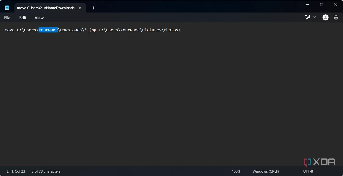 Dán lệnh di chuyển tệp vào Notepad để tạo Batch Script
