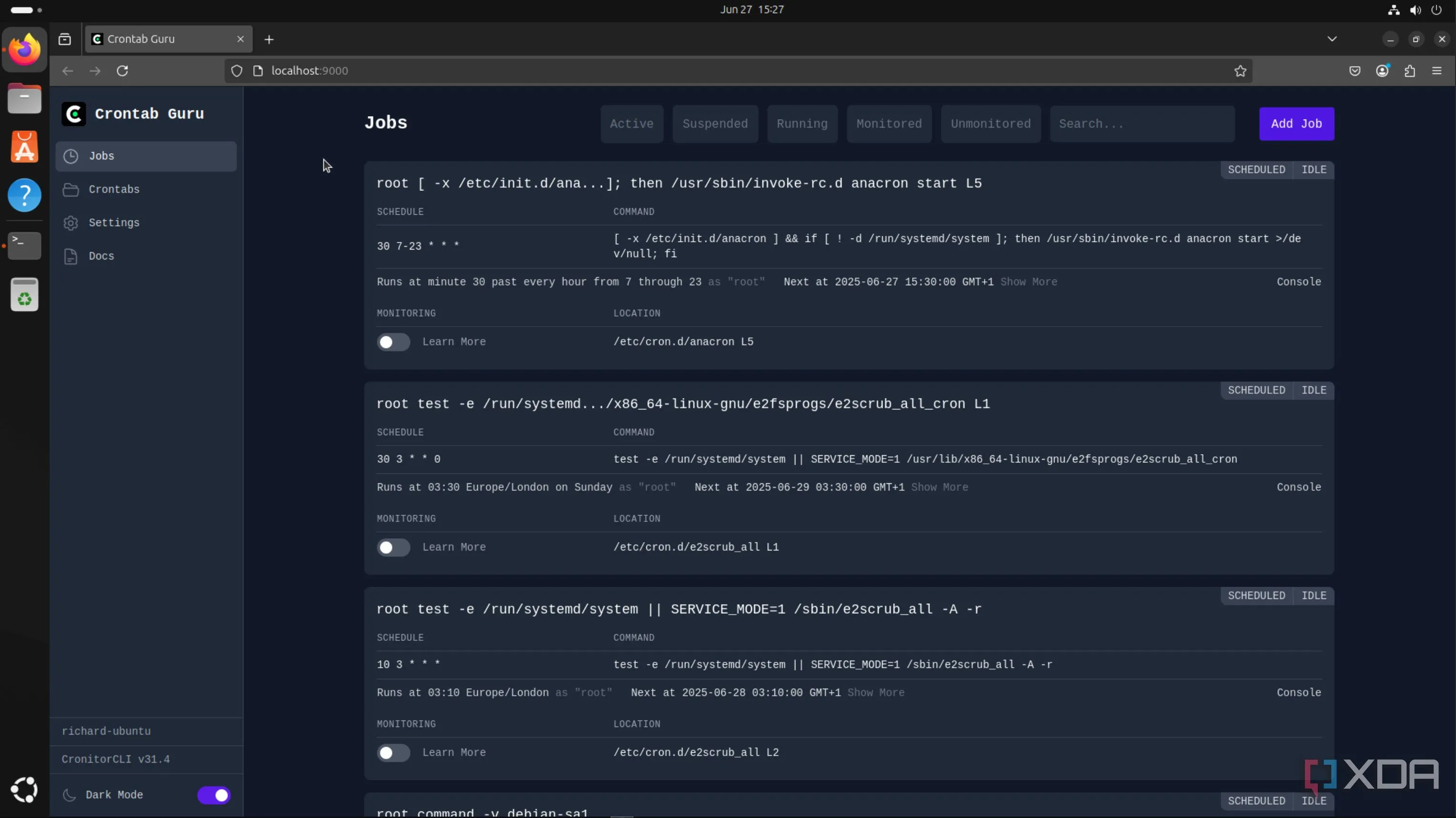 Danh sách các cron job được hiển thị và quản lý hiệu quả trên giao diện Crontab Guru Dashboard, lý tưởng cho home lab