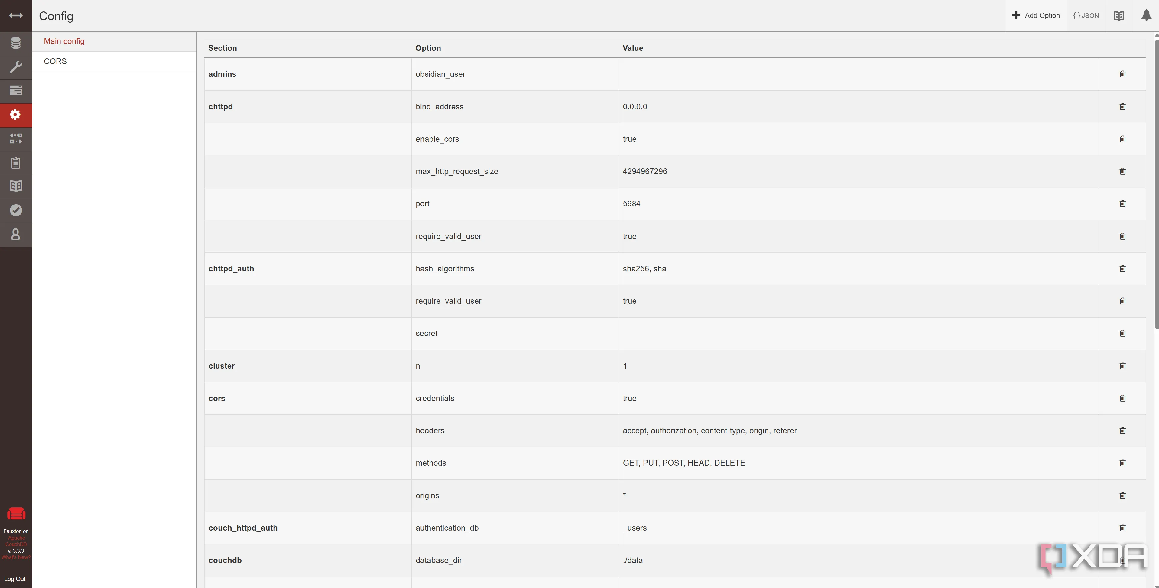 Danh sách cơ sở dữ liệu trong CouchDB, hiển thị database &quot;obsidiandb&quot; đã tạo sẵn cho Obsidian LiveSync.