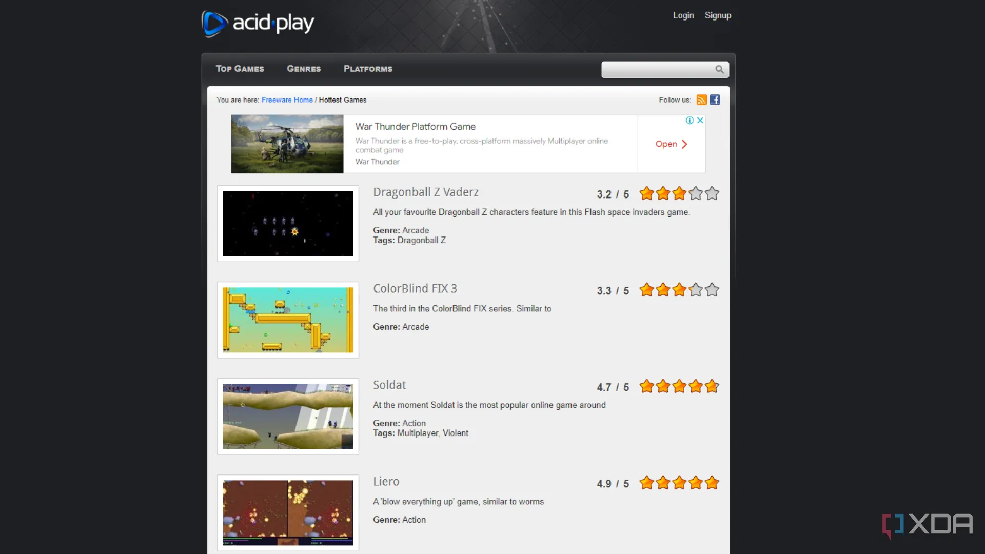 Danh sách game miễn phí trên giao diện Acid Play, tập trung vào game retro và indie
