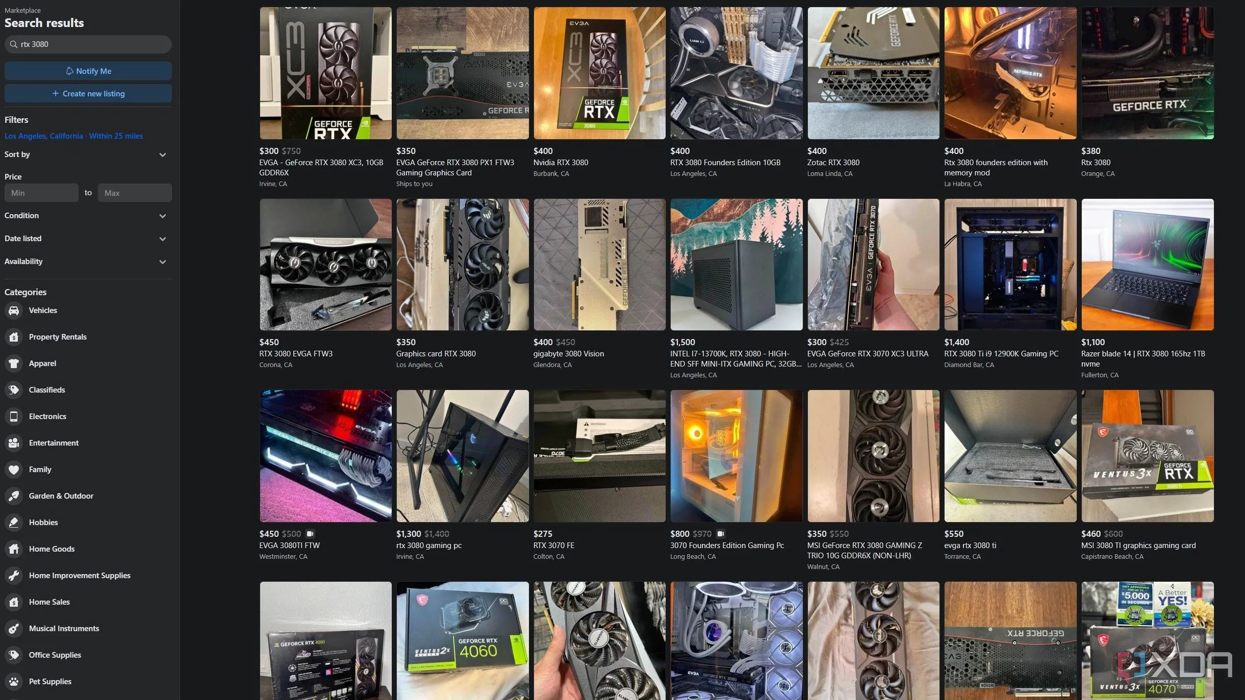 Danh sách RTX 3080 trên Facebook Marketplace