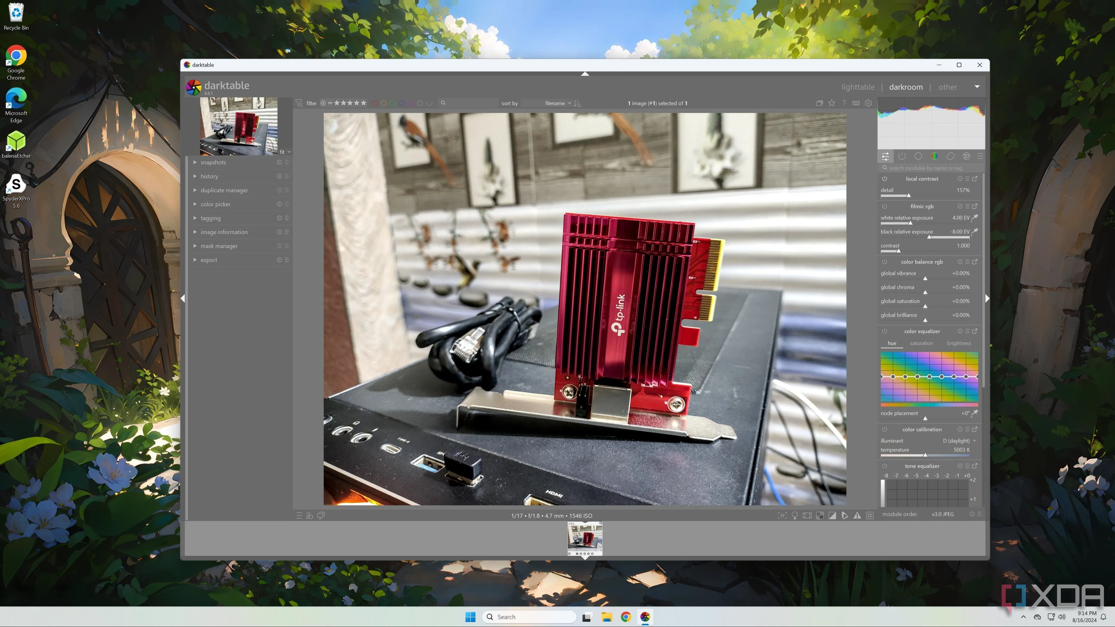 Darktable chạy trên hệ điều hành Windows 11, cho thấy khả năng tương thích