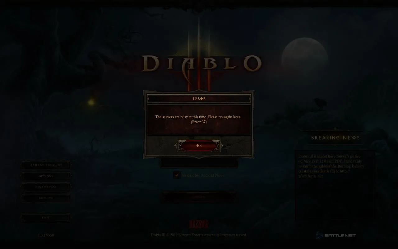 Diablo III màn hình lỗi "Error 37" khi game thủ cố gắng đăng nhập.