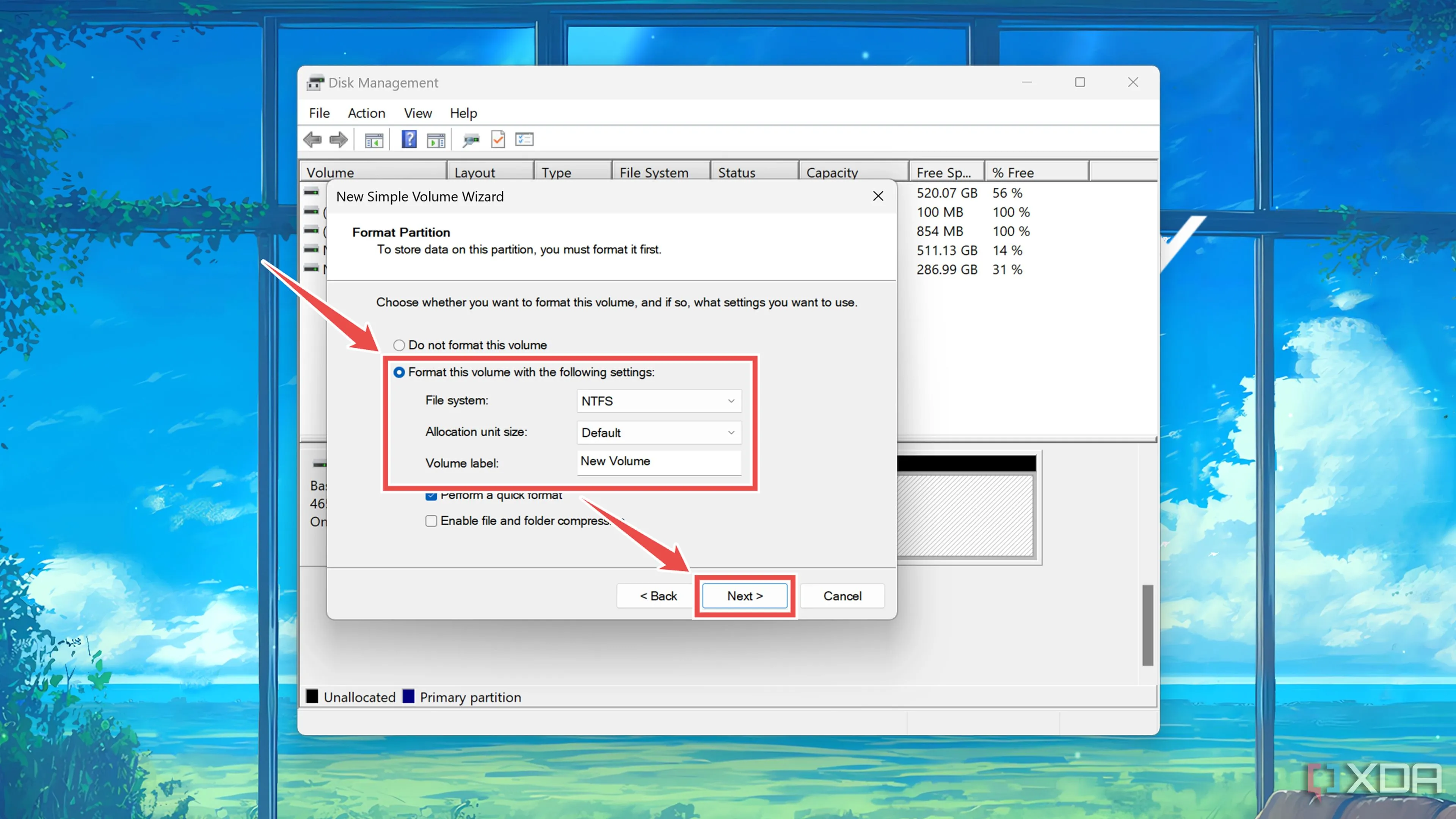 Định dạng phân vùng ổ đĩa mới, chọn hệ thống tệp và nhãn ổ đĩa trong Disk Management