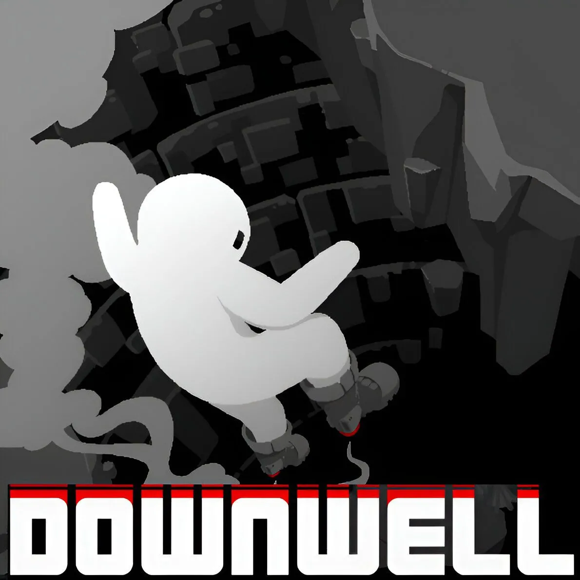 Đồ họa pixel cổ điển của Downwell, thể hiện lối chơi roguelike độc đáo khi người chơi rơi xuống giếng để thu thập vật phẩm.