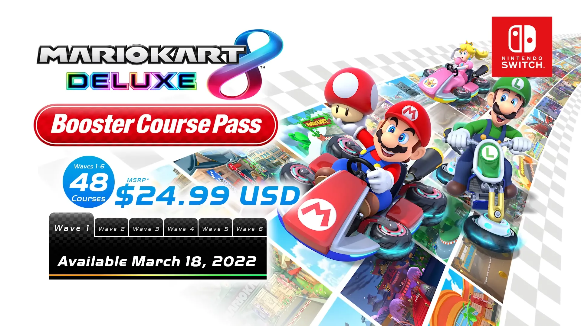 Đồ họa thông tin chi tiết về các nội dung bổ sung trong gói Booster Course Pass của Mario Kart 8 Deluxe, minh họa cam kết hỗ trợ lâu dài của Nintendo.