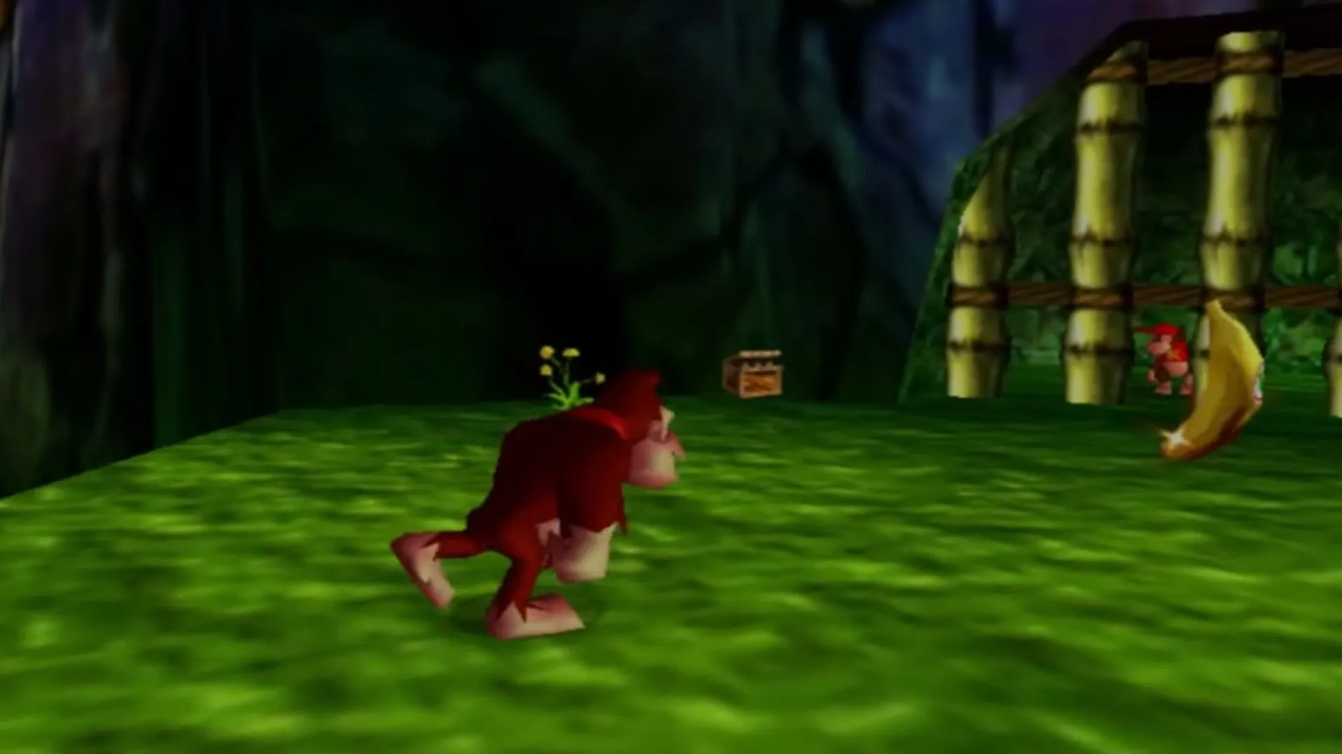 Donkey Kong trong tựa game Donkey Kong 64 đang đuổi theo một quả chuối vàng, thể hiện cơ chế thu thập vật phẩm đặc trưng của dòng game platformer 3D trên hệ máy Nintendo 64.