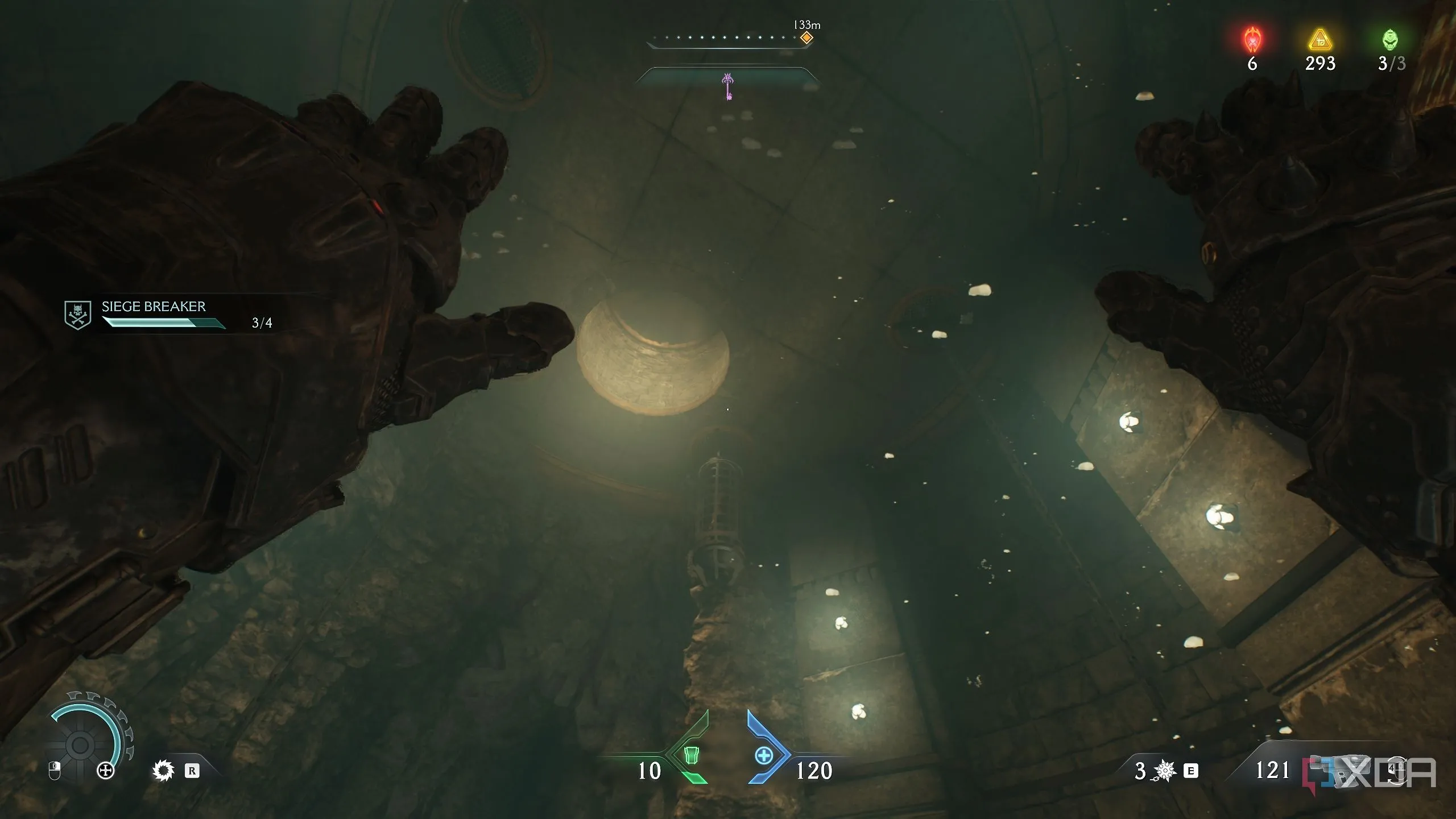 Doom Slayer bơi dưới nước qua lỗ hổng trên trần để vào khu vực bí mật 9 trong Doom The Dark Ages