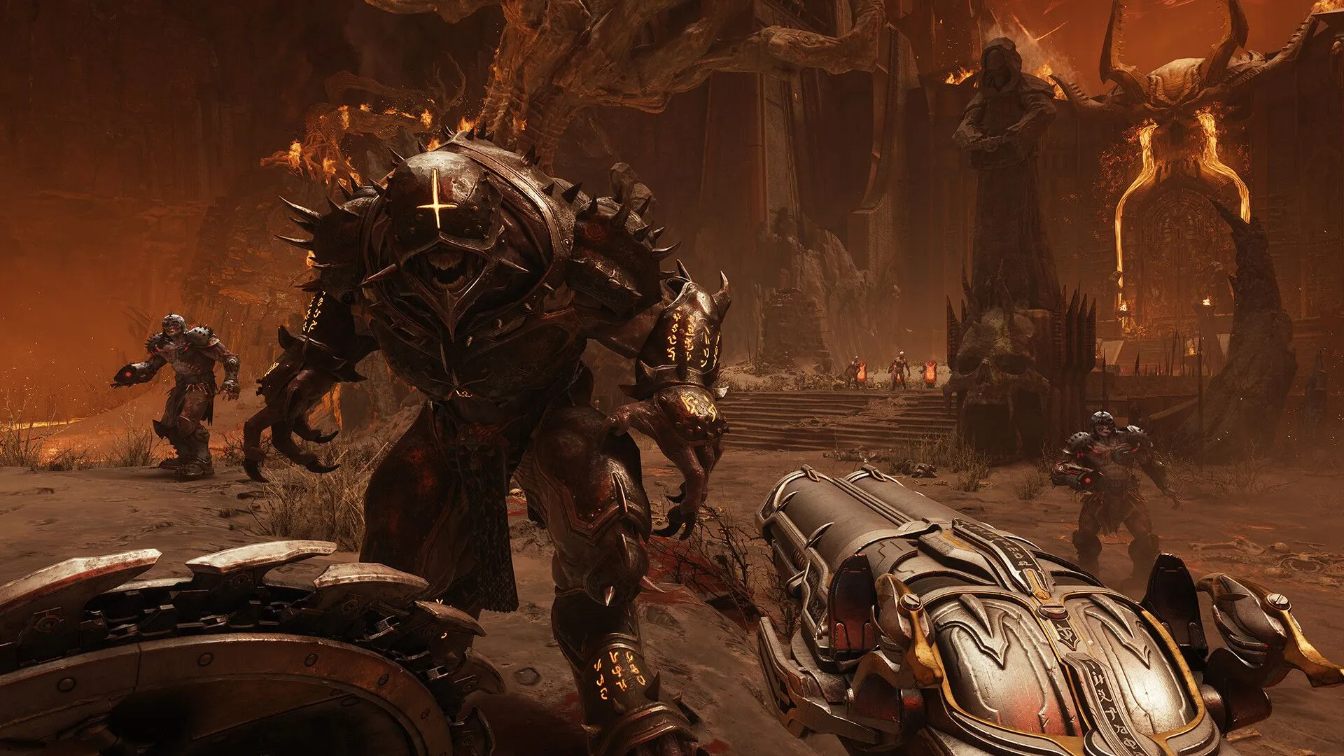 Doom Slayer với vũ khí trung cổ trong Doom: The Dark Ages, mang đến trải nghiệm FPS hành động mạnh mẽ.