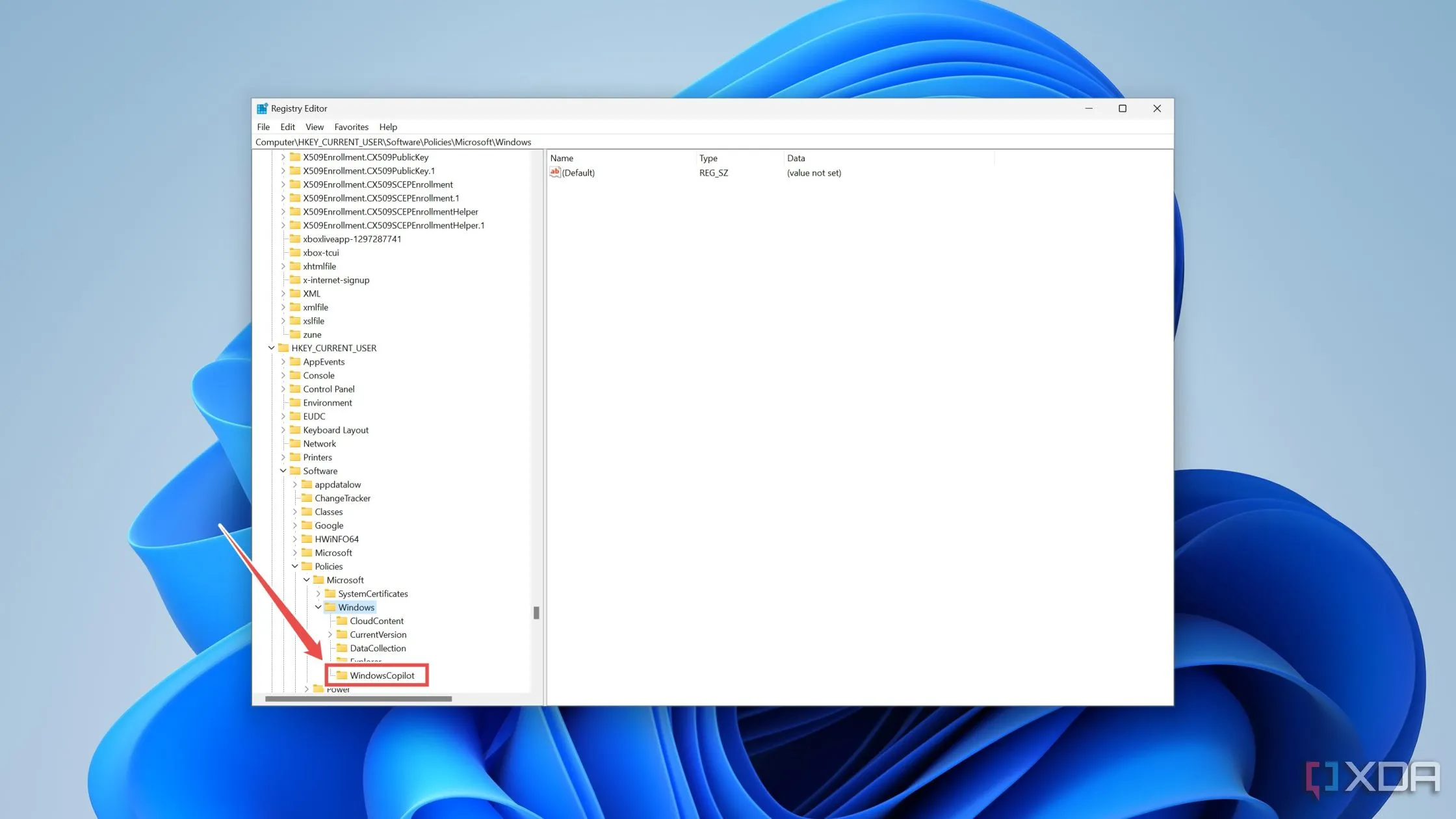 Đường dẫn đến thư mục Windows trong Registry Editor để vô hiệu hóa Copilot trên Windows 11