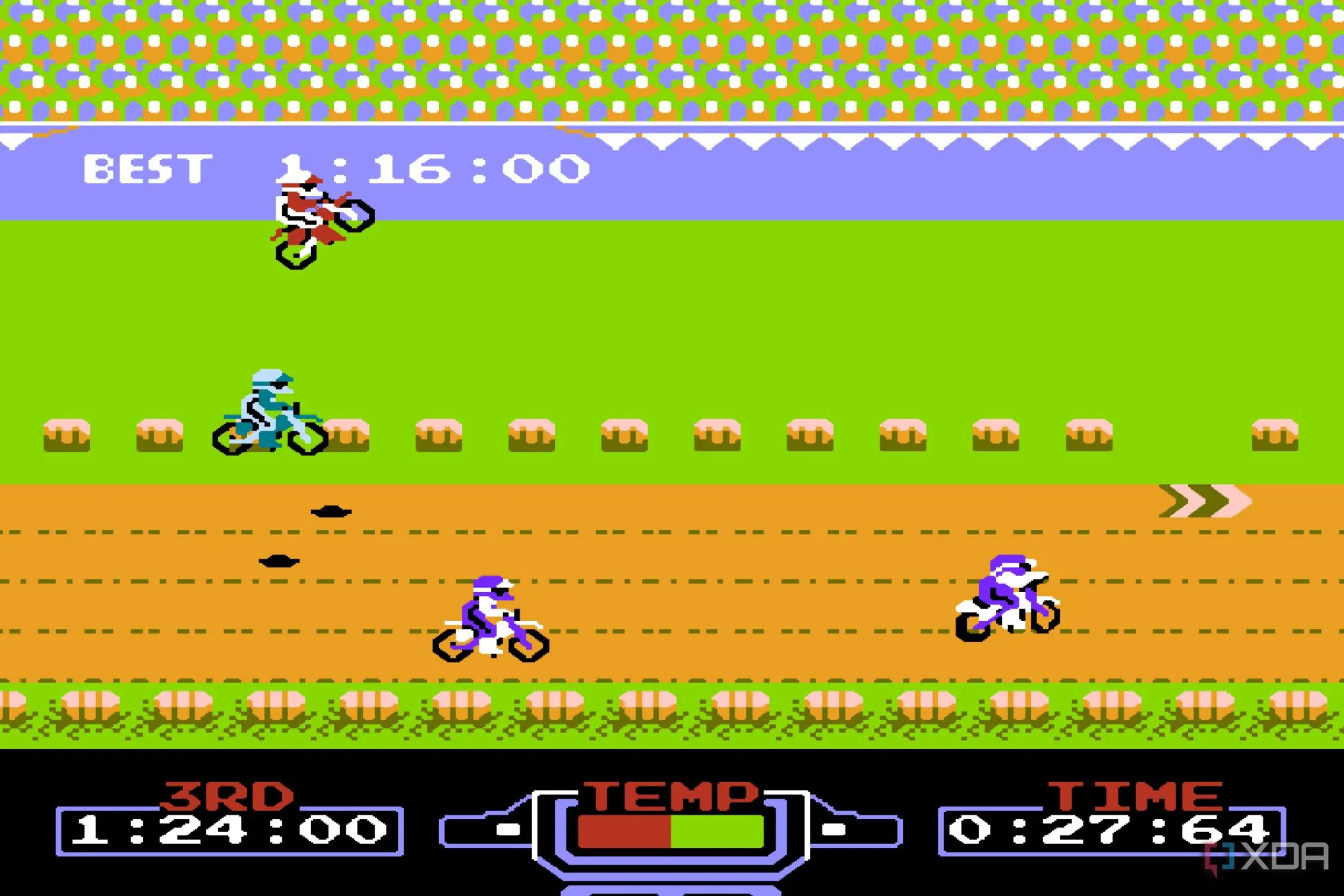 Excitebike trên Nintendo Entertainment System với hình ảnh xe mô tô đang đua trên đường đất
