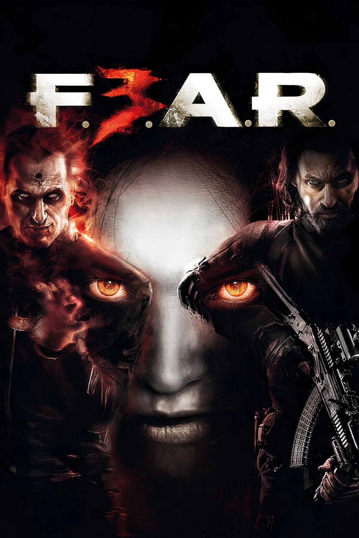 F.E.A.R. - collage các cảnh game kết hợp hành động FPS và yếu tố kinh dị tâm lý, với nhân vật Alma