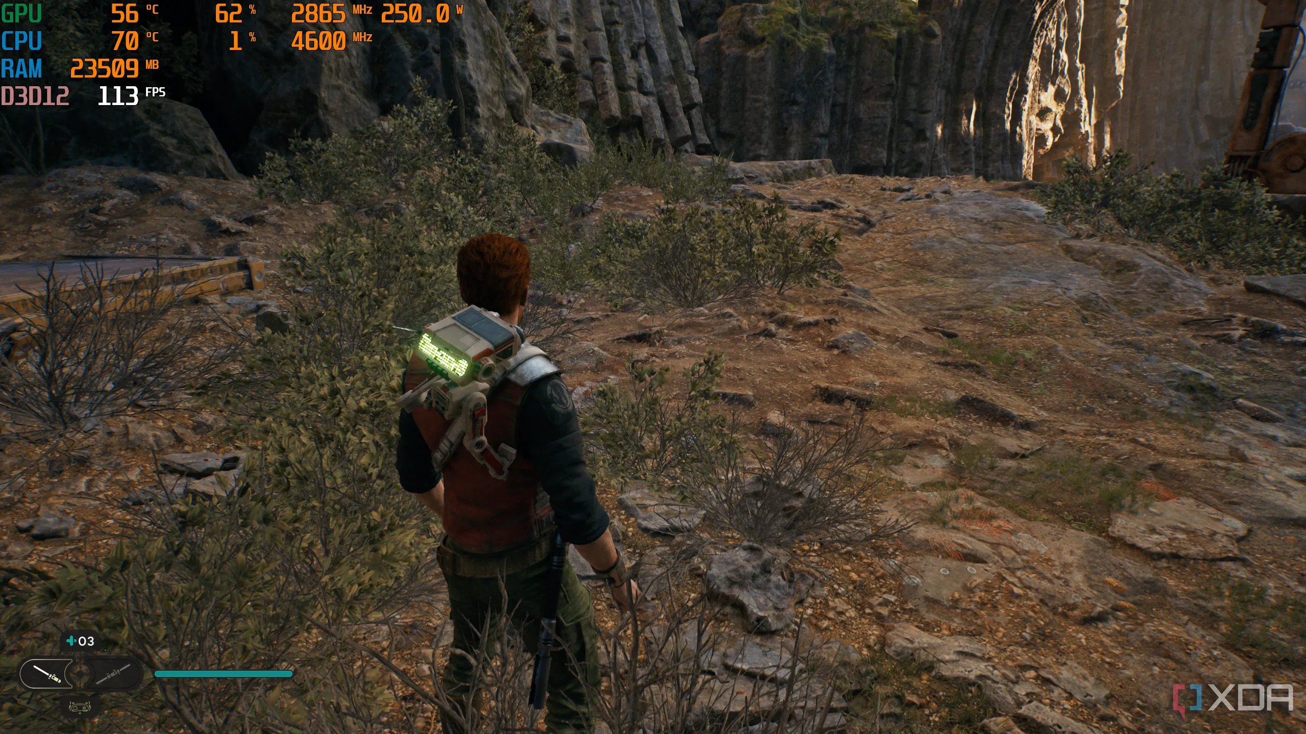 Game Jedi Survivor đang chạy trên PC, với MSI Afterburner hiển thị thông số hiệu năng, minh họa game kém tối ưu đòi hỏi DLSS.