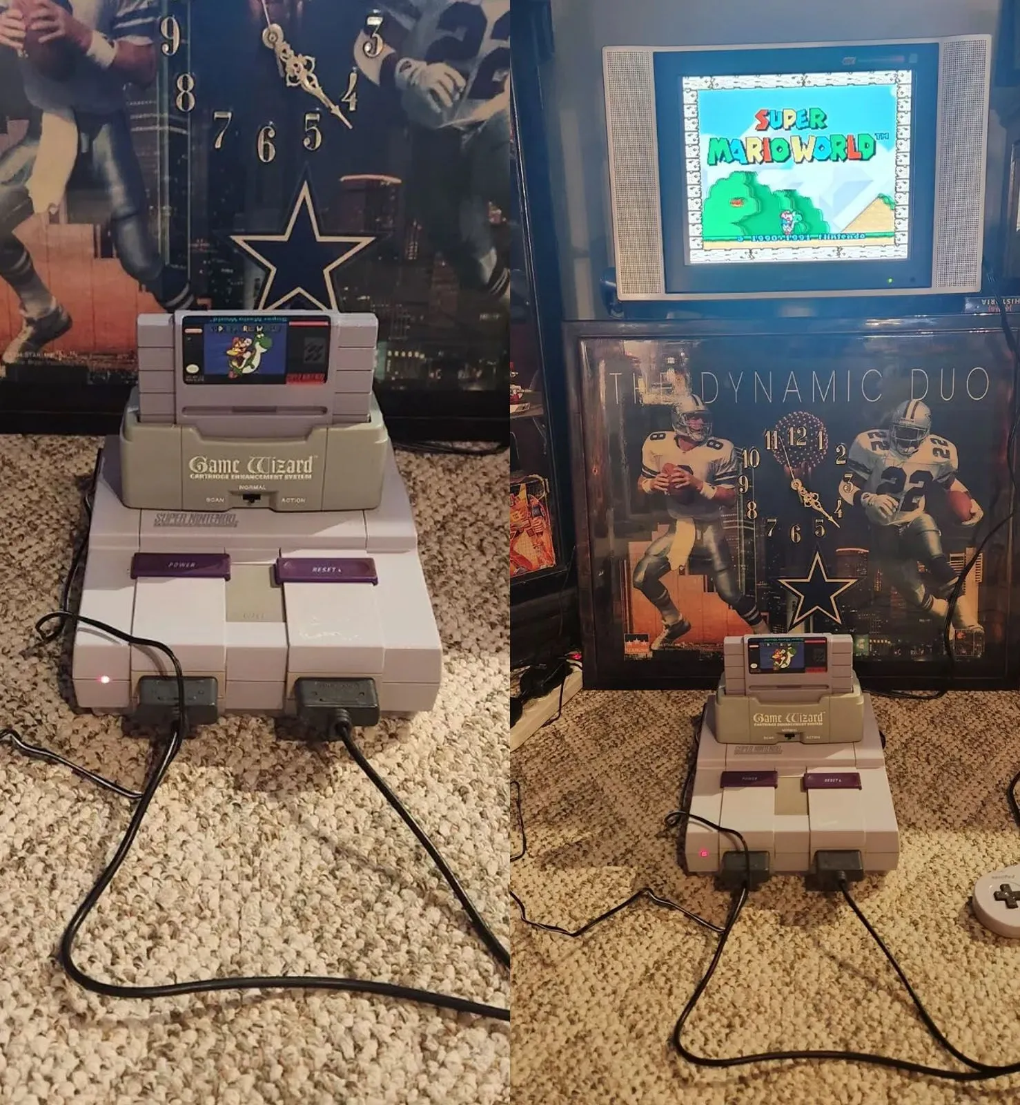 Game Wizard được cắm vào SNES và kết nối với TV