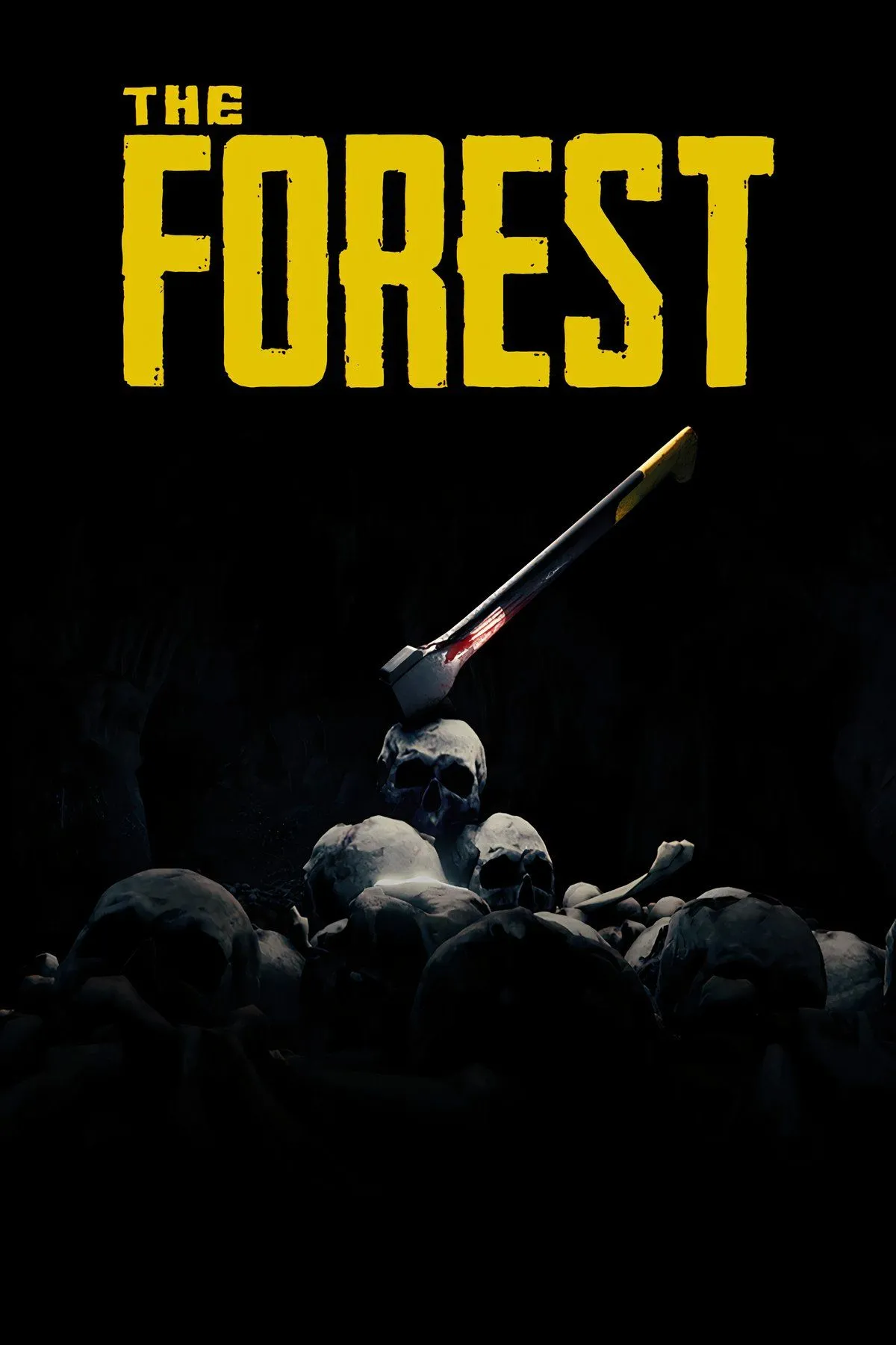 Gameplay The Forest với nhân vật đang chặt cây để sinh tồn trong khu rừng rậm, cảnh báo về quái vật ăn thịt người.