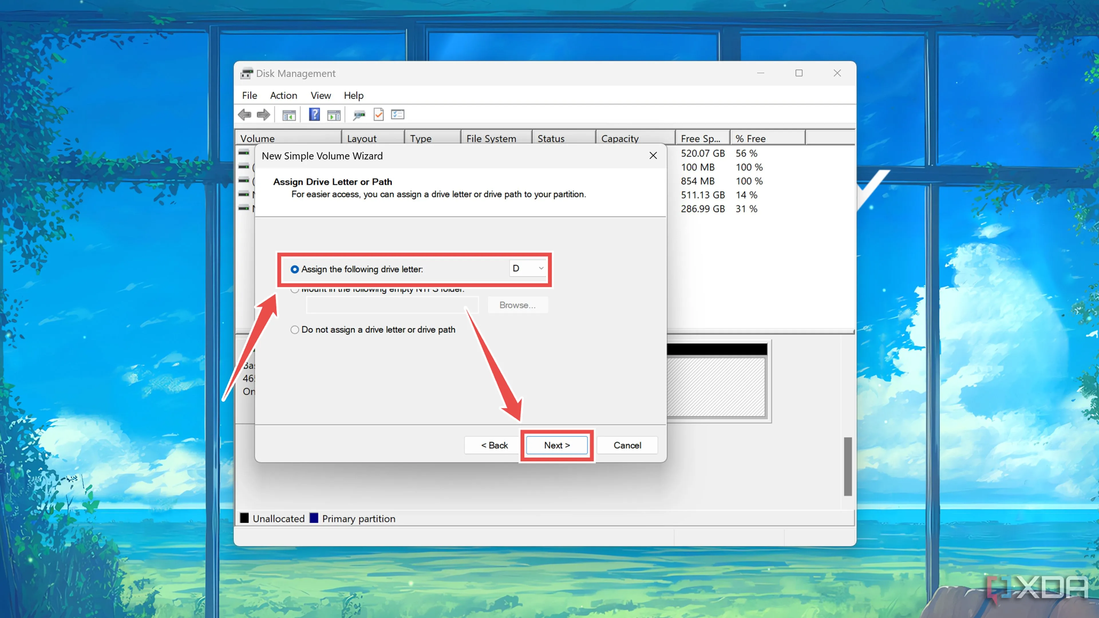 Gán một ký tự ổ đĩa (ví dụ: E:, F:) cho phân vùng mới trong Disk Management
