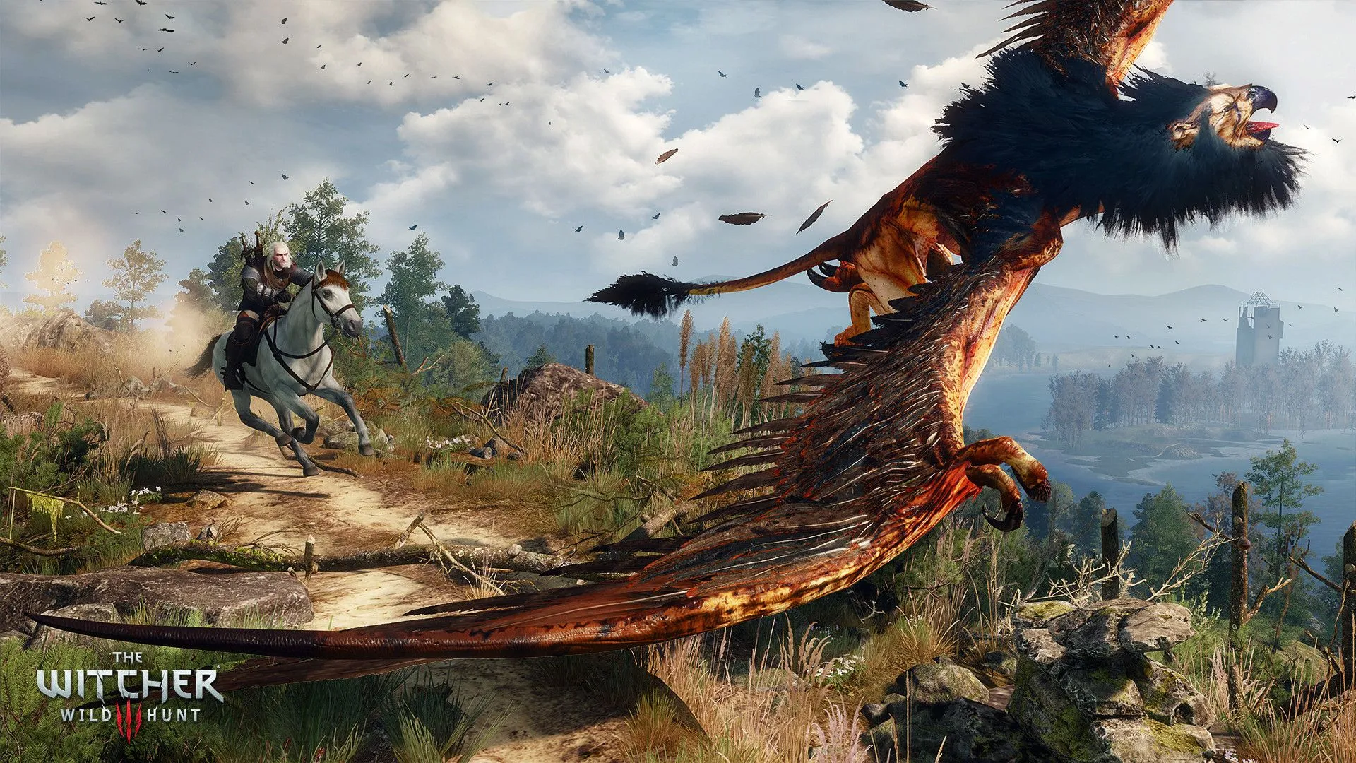 Geralt đang chiến đấu với một con quái vật trong khung cảnh rừng rậm của The Witcher 3, thể hiện đồ họa tuyệt đẹp và lối chơi hành động.