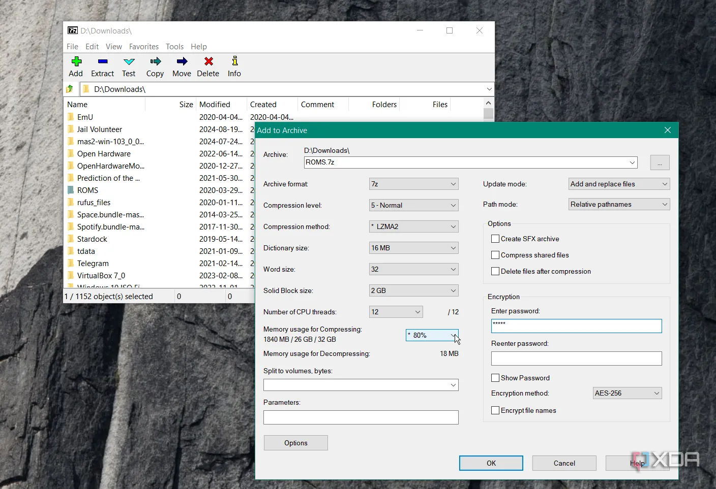Giao diện 7-Zip đang hoạt động trên Windows, hiển thị khả năng nén và giải nén nhiều định dạng file