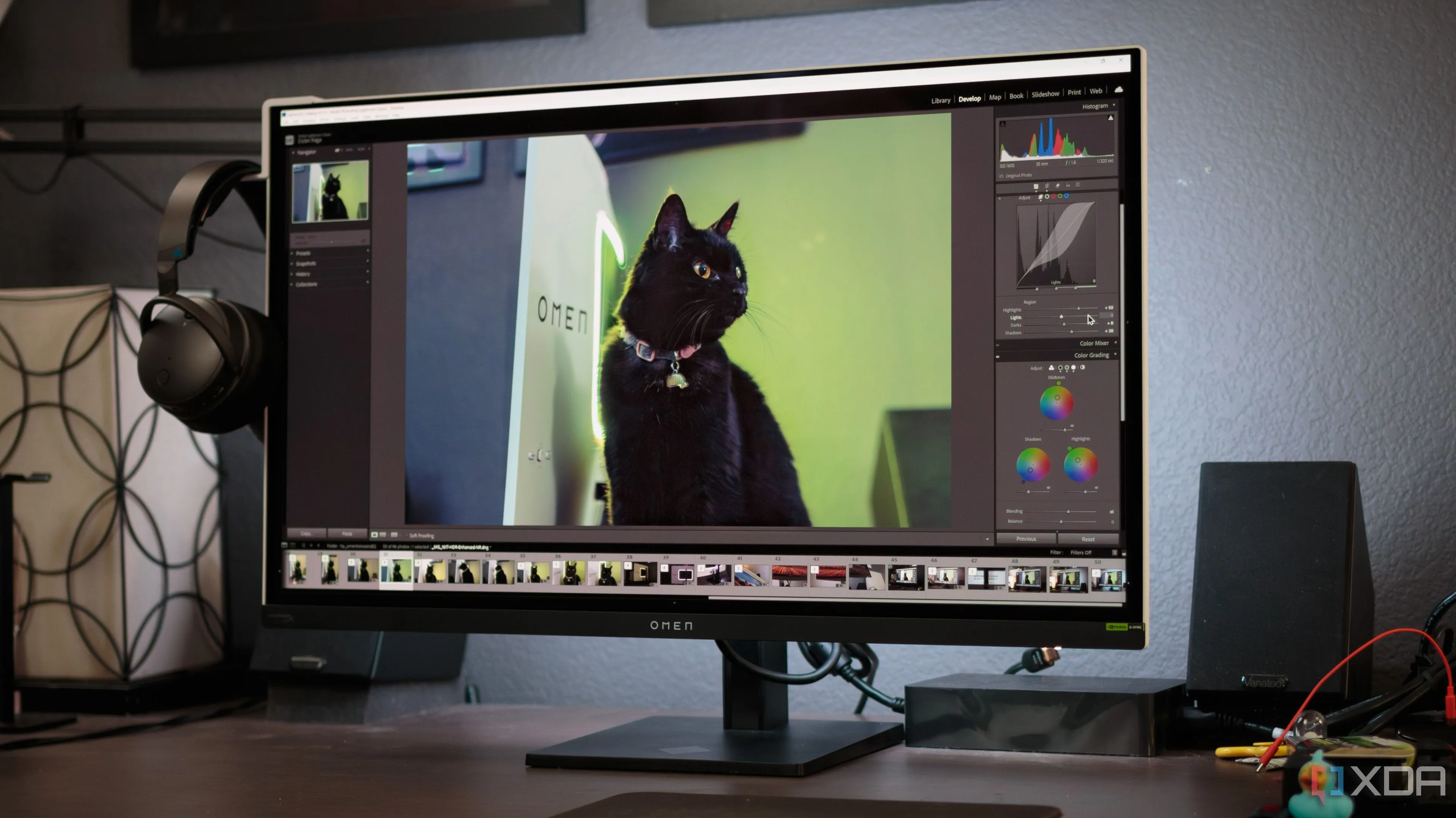 Giao diện Adobe Lightroom trên màn hình HP OMEN Transcend 32 OLED, thể hiện khả năng tái tạo màu sắc sống động của tấm nền OLED