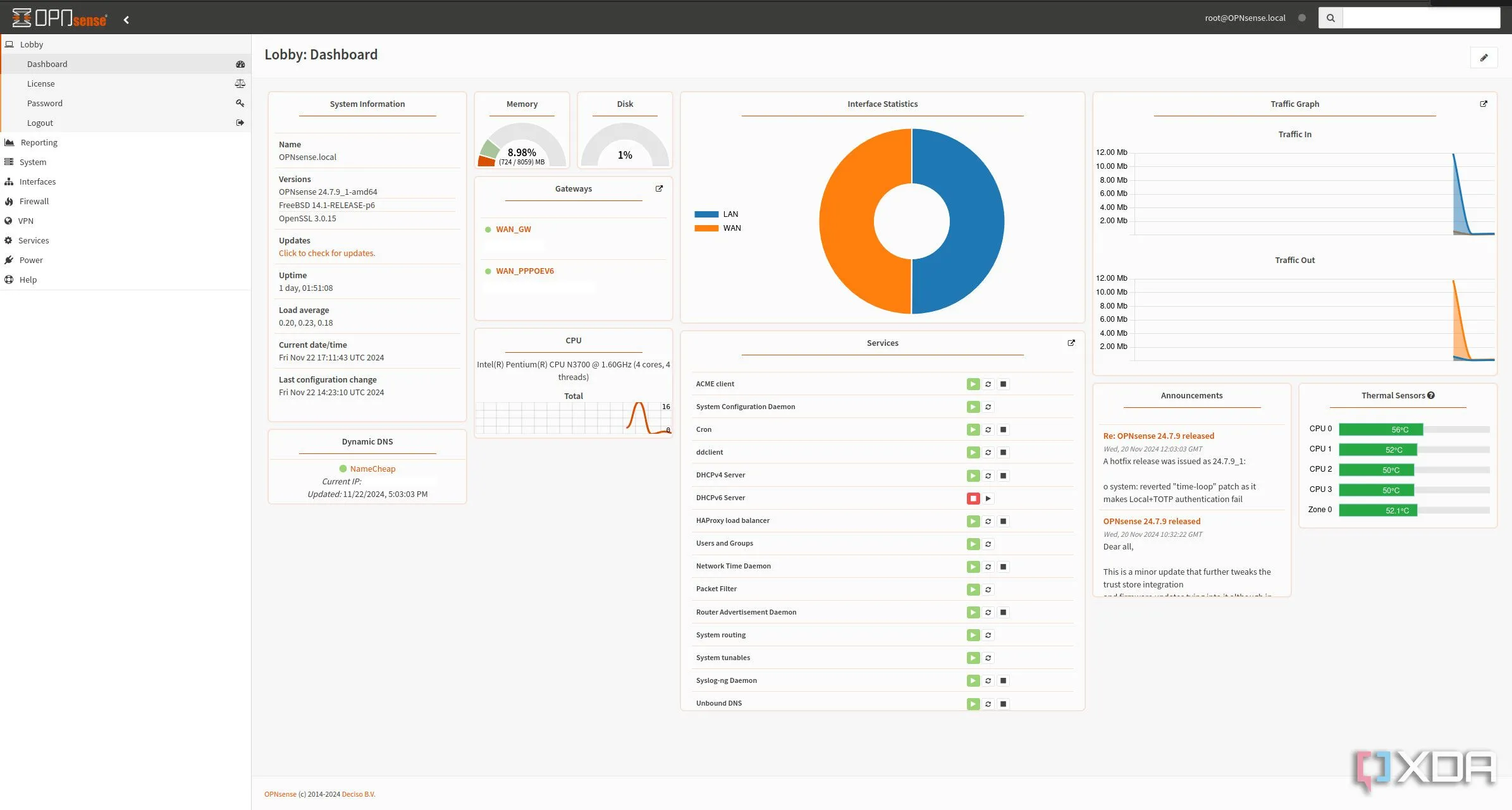 Giao diện bảng điều khiển (dashboard) của OPNsense, hiển thị thông tin và trạng thái mạng