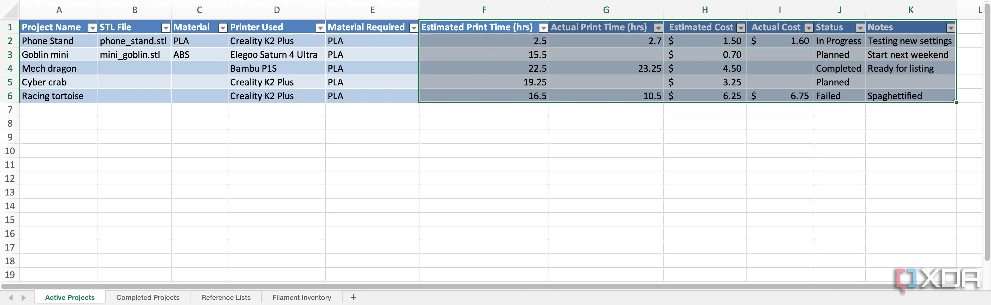 Giao diện bảng tính Excel theo dõi chi phí và thời gian in ước tính so với thực tế, hỗ trợ phân tích hiệu suất in 3D