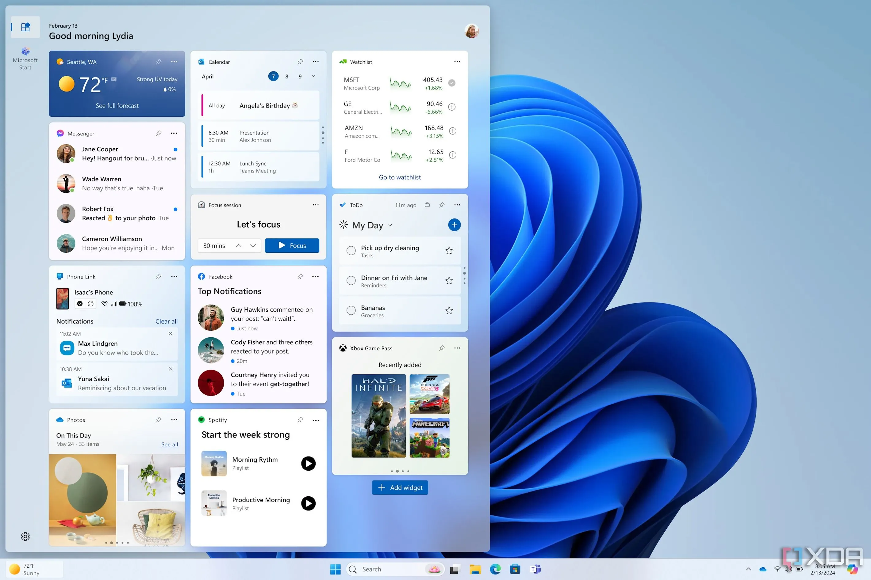 Giao diện bảng Widgets trên Windows 11 với chế độ xem &quot;My Widgets&quot;