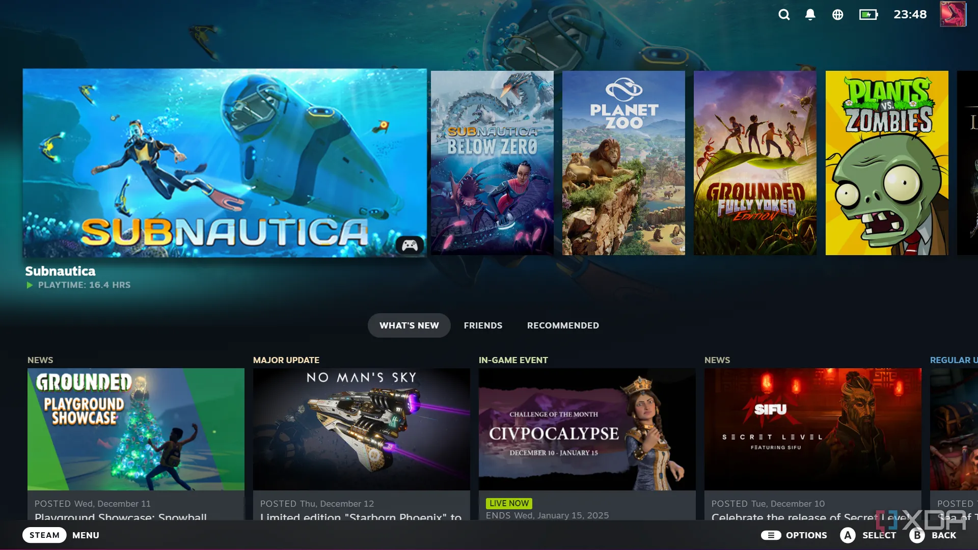Giao diện Big Picture Mode của Steam, tối ưu cho trải nghiệm chơi game trên màn hình lớn và điều khiển.