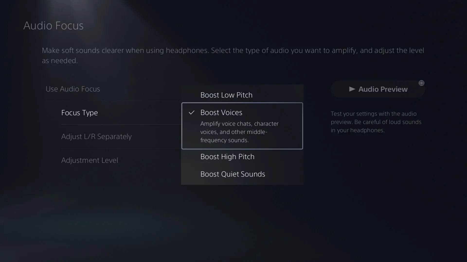 Giao diện cài đặt Audio Focus trên PlayStation 5