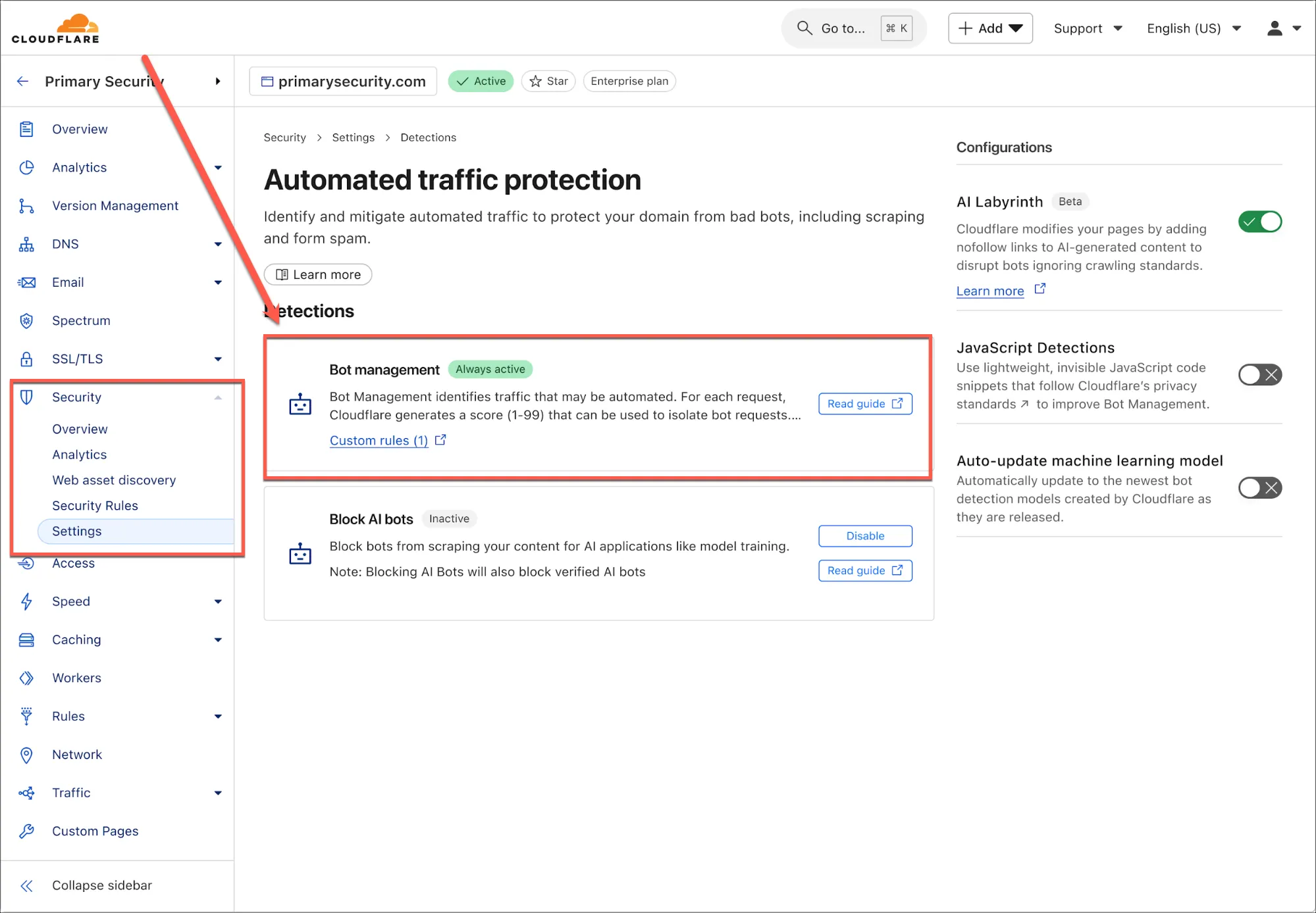 Giao diện cài đặt Bot Management trong Cloudflare Dashboard để bật AI Labyrinth