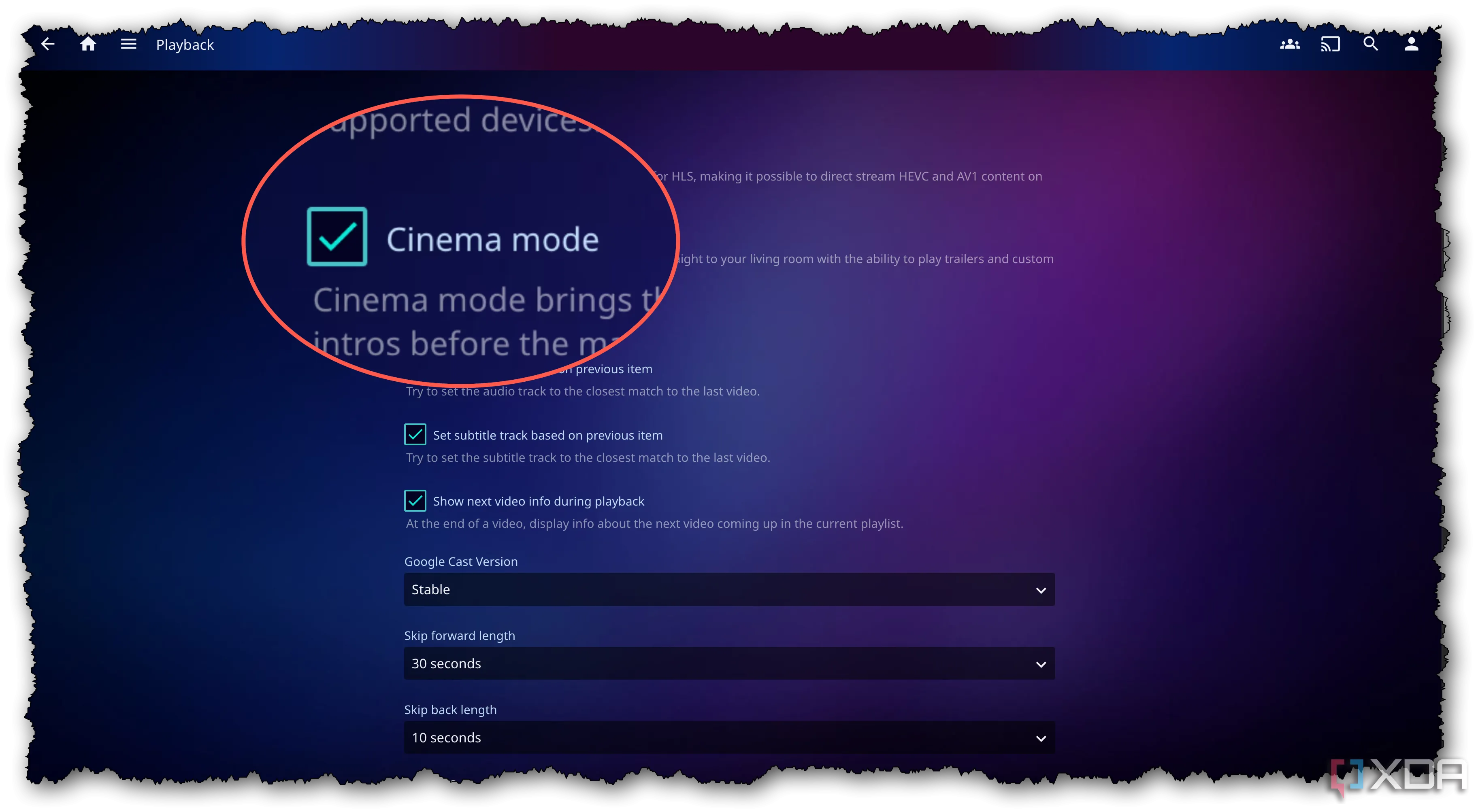 Giao diện cài đặt &quot;Cinema Mode&quot; trong Jellyfin, hiển thị các tùy chọn tùy chỉnh trailer và video pre-roll trước khi chiếu phim