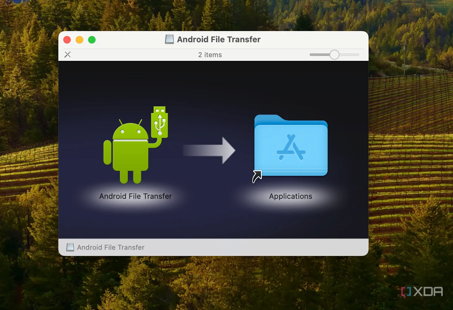 Giao diện cài đặt phần mềm Android File Transfer trên hệ điều hành macOS, minh họa thách thức tương thích ứng dụng