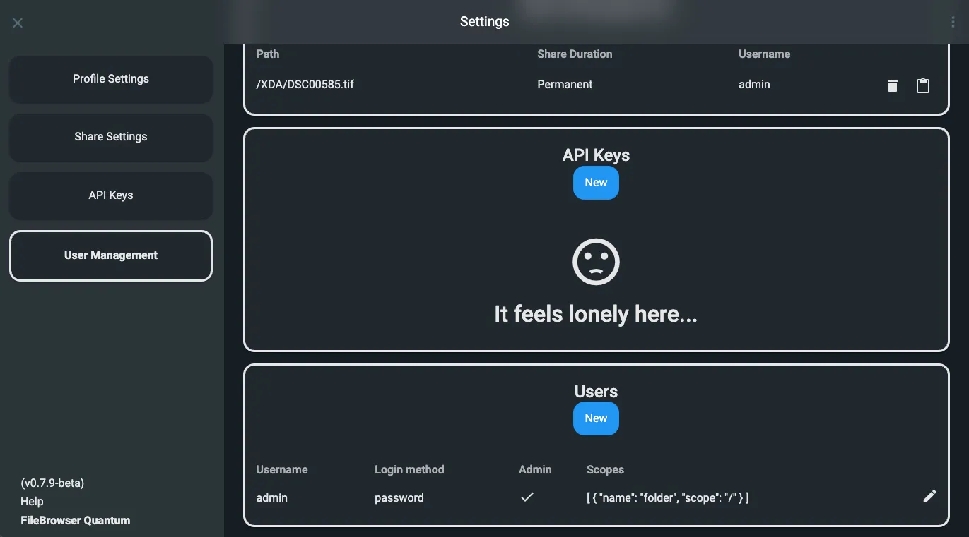 Giao diện cài đặt phân quyền người dùng chi tiết của FileBrowser Quantum cho môi trường chia sẻ.