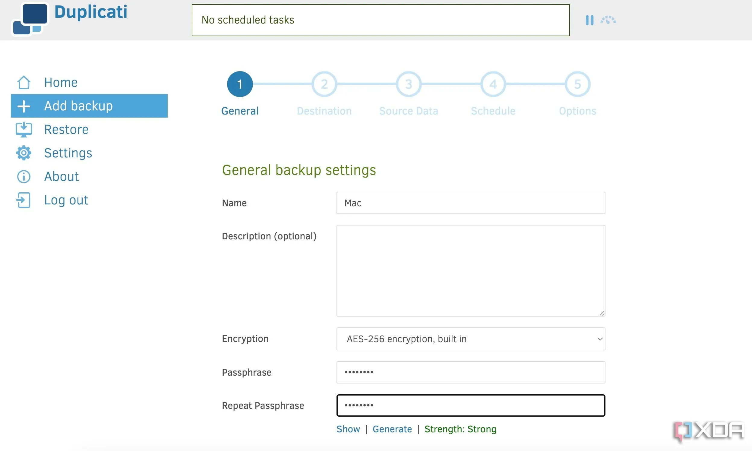 Giao diện cài đặt sao lưu của Duplicati trên nền web, thể hiện tính năng đa nền tảng và dễ sử dụng