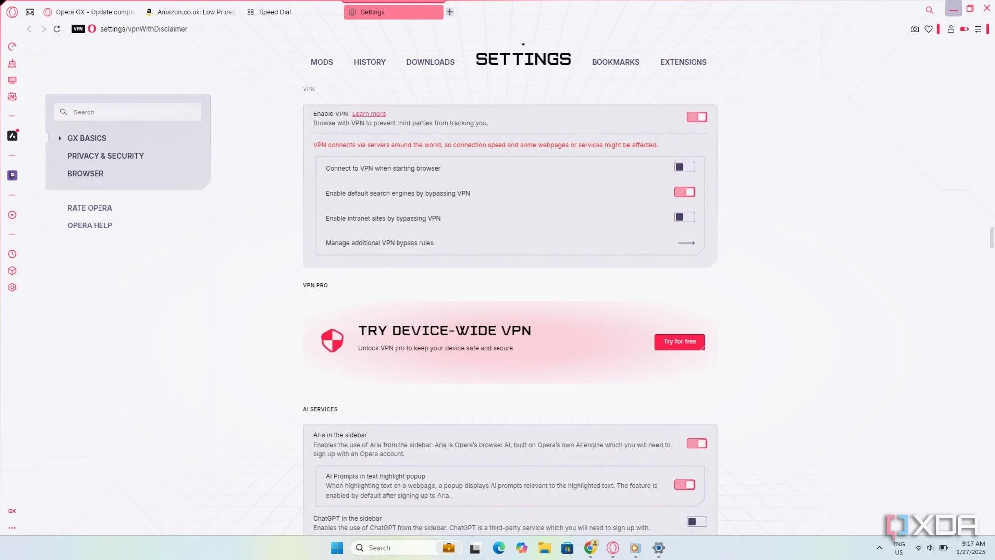 Giao diện cài đặt VPN tích hợp trên trình duyệt Opera GX, dễ dàng bật tắt và tùy chỉnh vị trí.