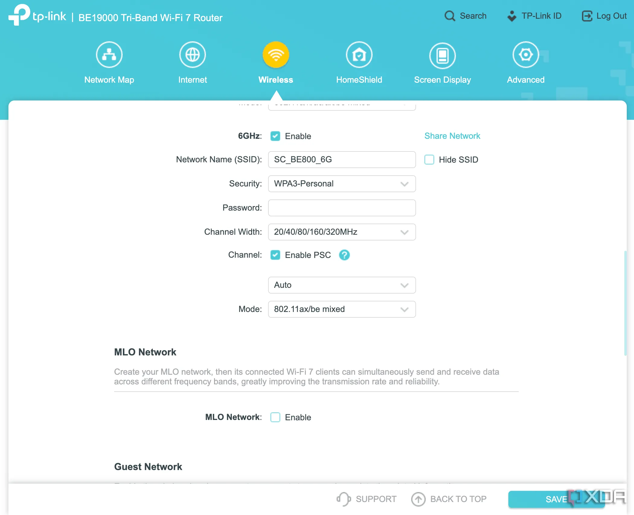 Giao diện cài đặt Wi-Fi của router TP-Link Archer BE800 Wi-Fi 7 trên trình duyệt web, hiển thị tùy chọn mã hóa bảo mật