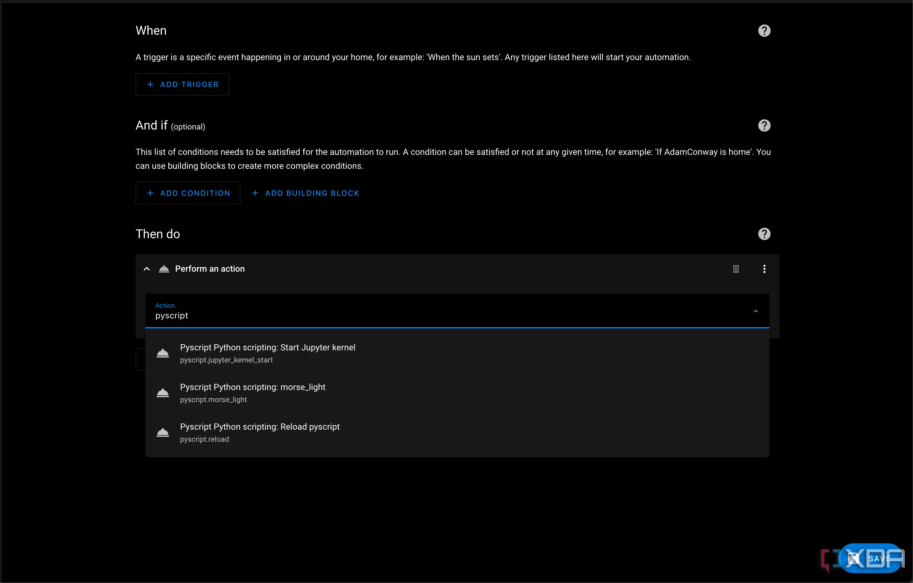 Giao diện cấu hình và tự động hóa Pyscript trong Home Assistant, minh họa khả năng lập trình script Python